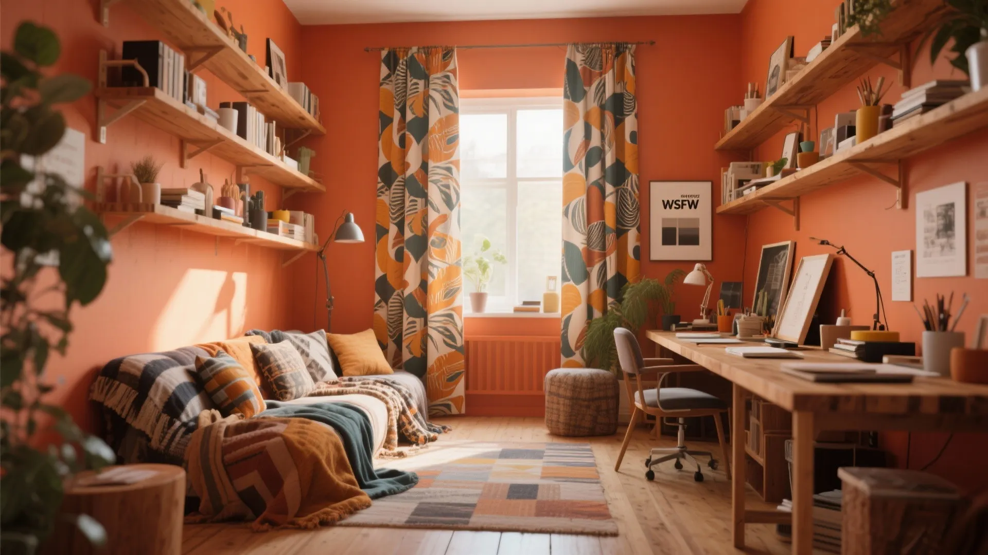 Orange study room with wooden shelves sofa patterned curtains long desk chair and natural sunlight