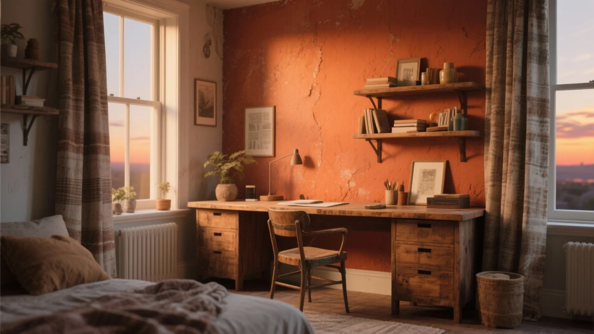 Terracotta study room with rustic wooden desk vintage chair wall shelves and warm sunset view