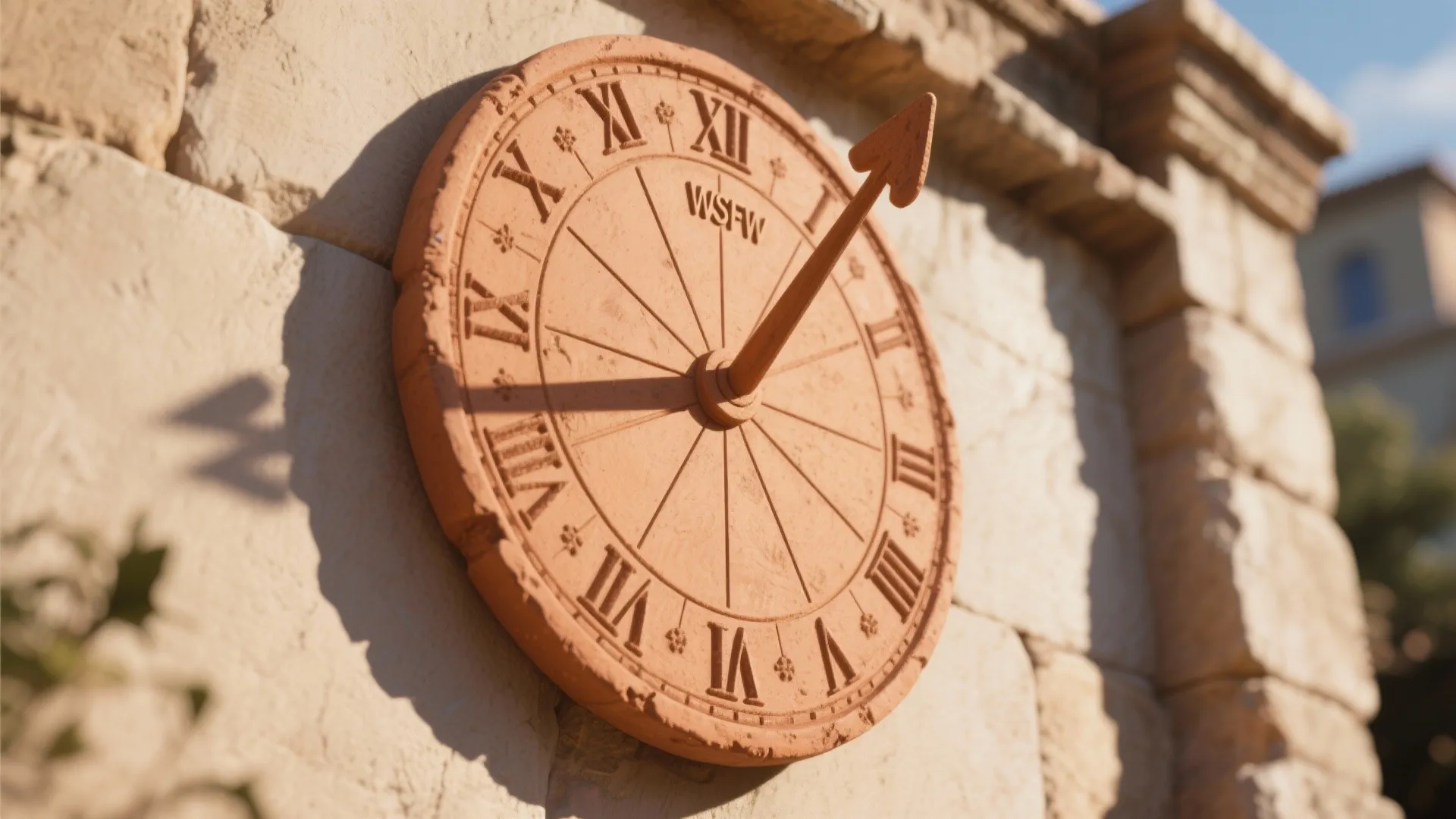 Traditional clay sundial mounted on a stone wall with Roman numerals showing time in bright sunlight