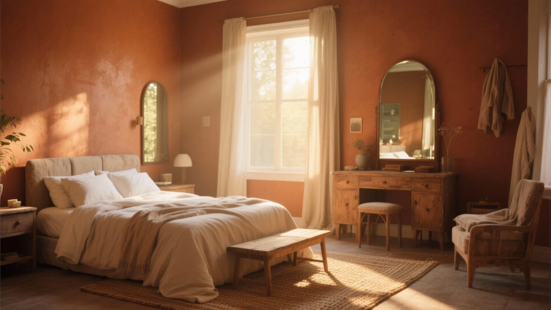 Sunlit bedroom with terracotta brown walls, pale textiles and mirrors bouncing light.