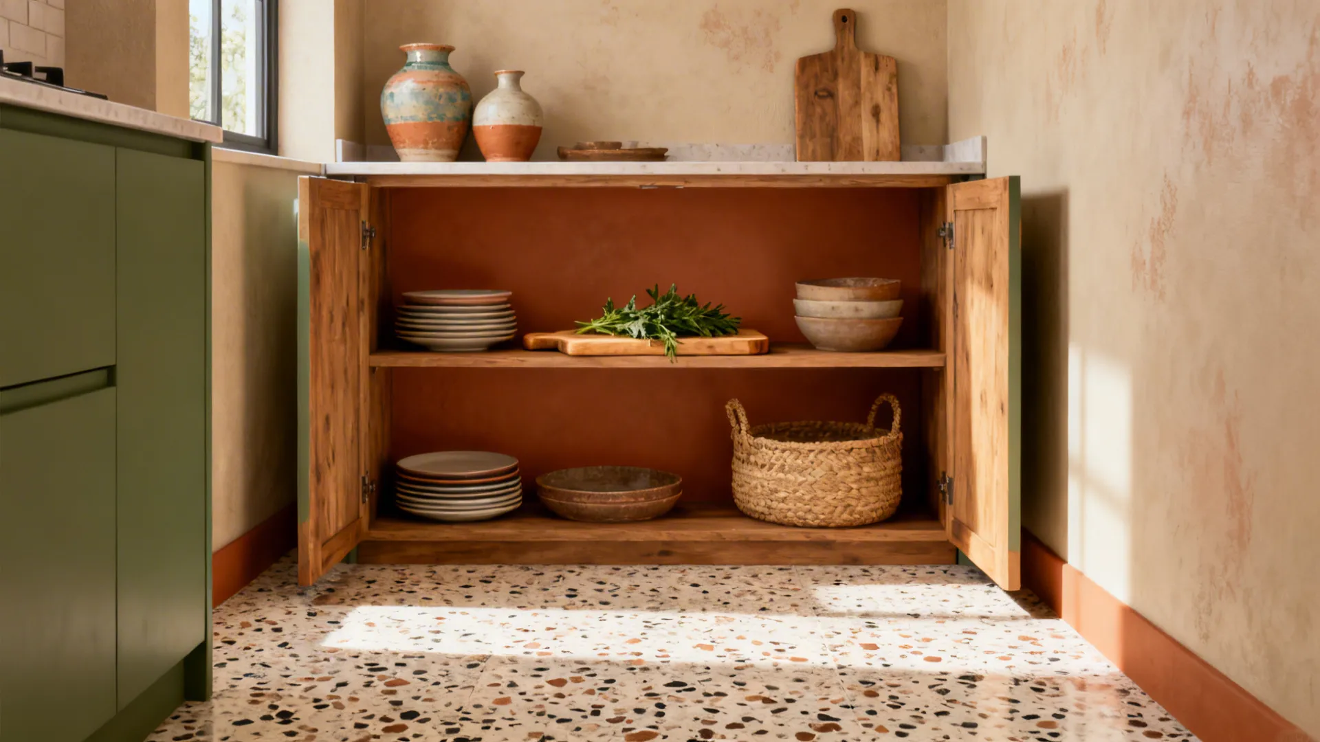 Small kitchen corner with terracotta accent wall, open shelving and terrazzo floor.