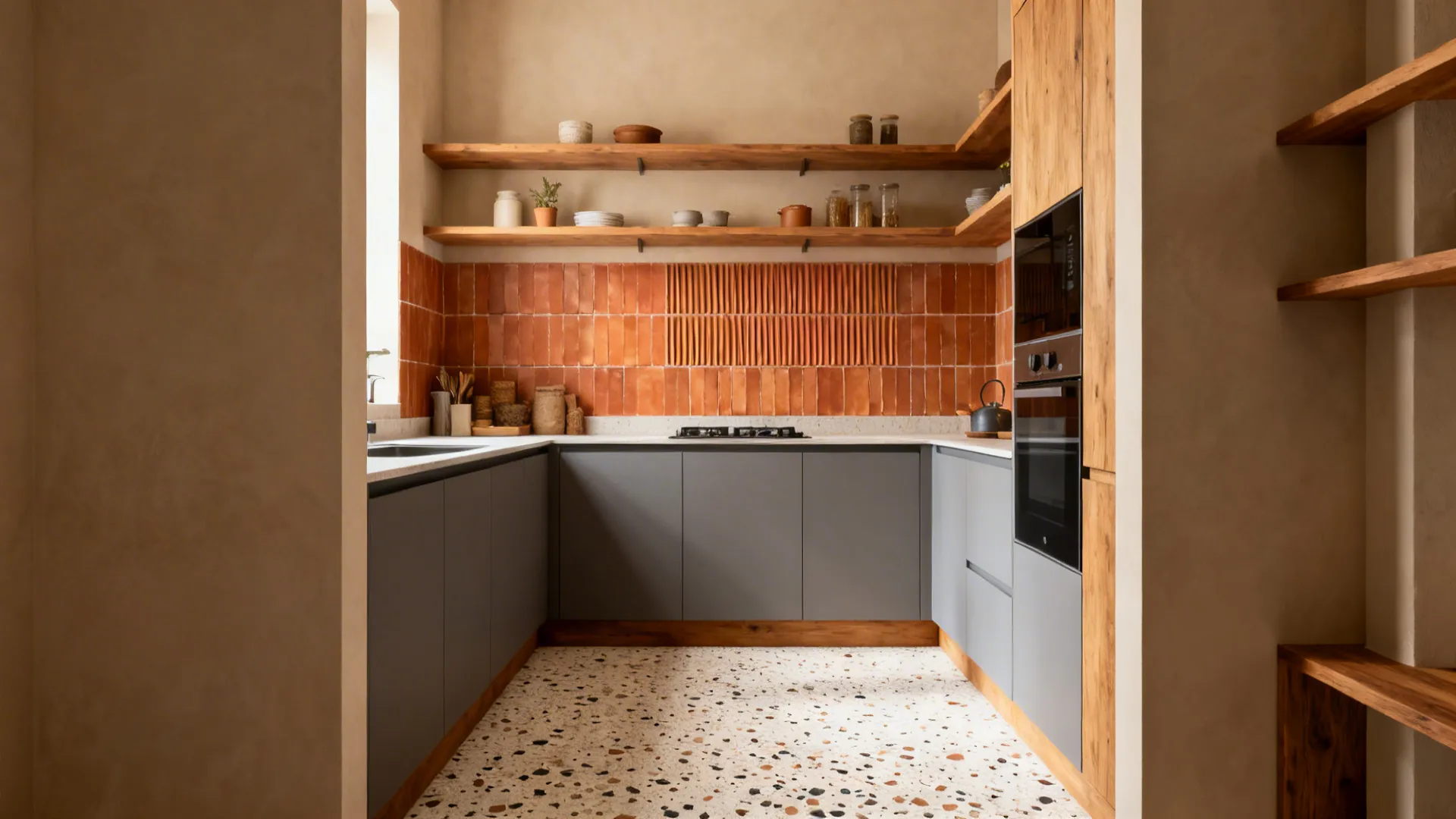 Small kitchen with terracotta accent wall behind shelves and a small-chip porcelain terrazzo floor.