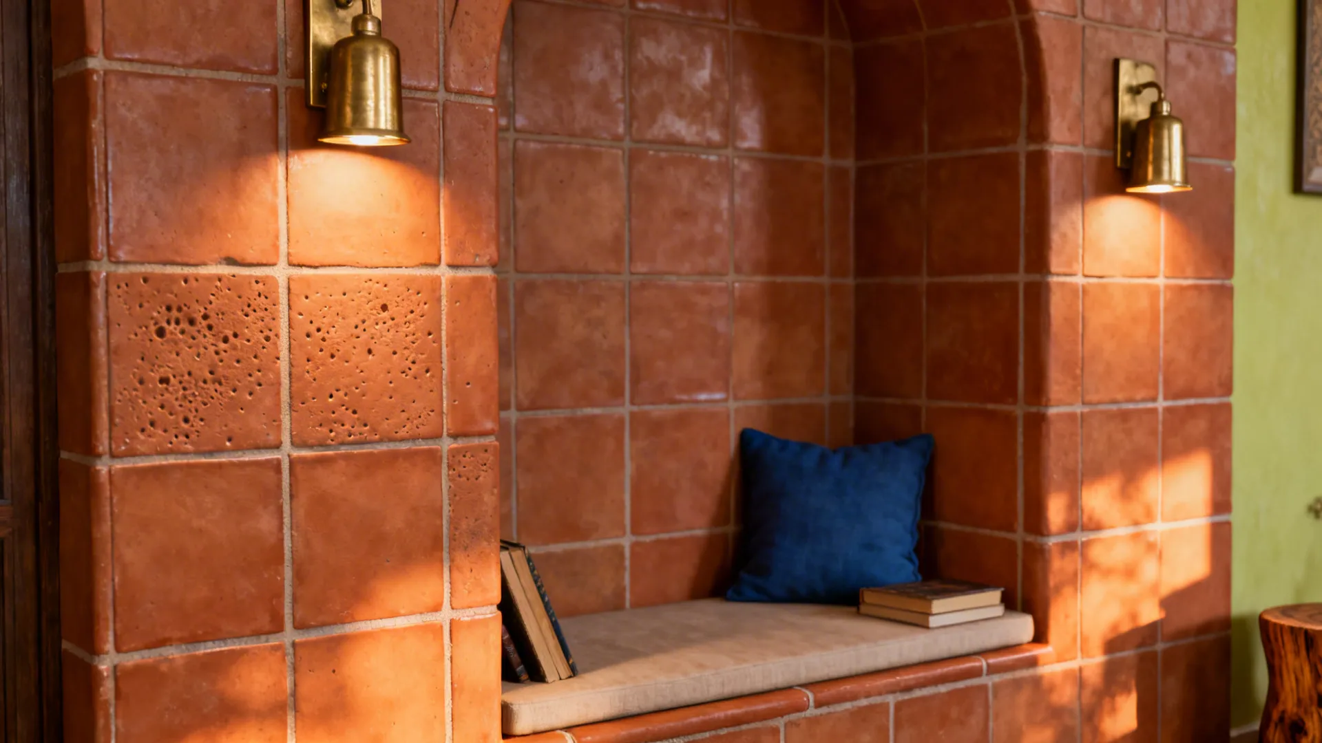 Terracotta niche with micro-textured tiles and brass sconces in a cozy reading corner.