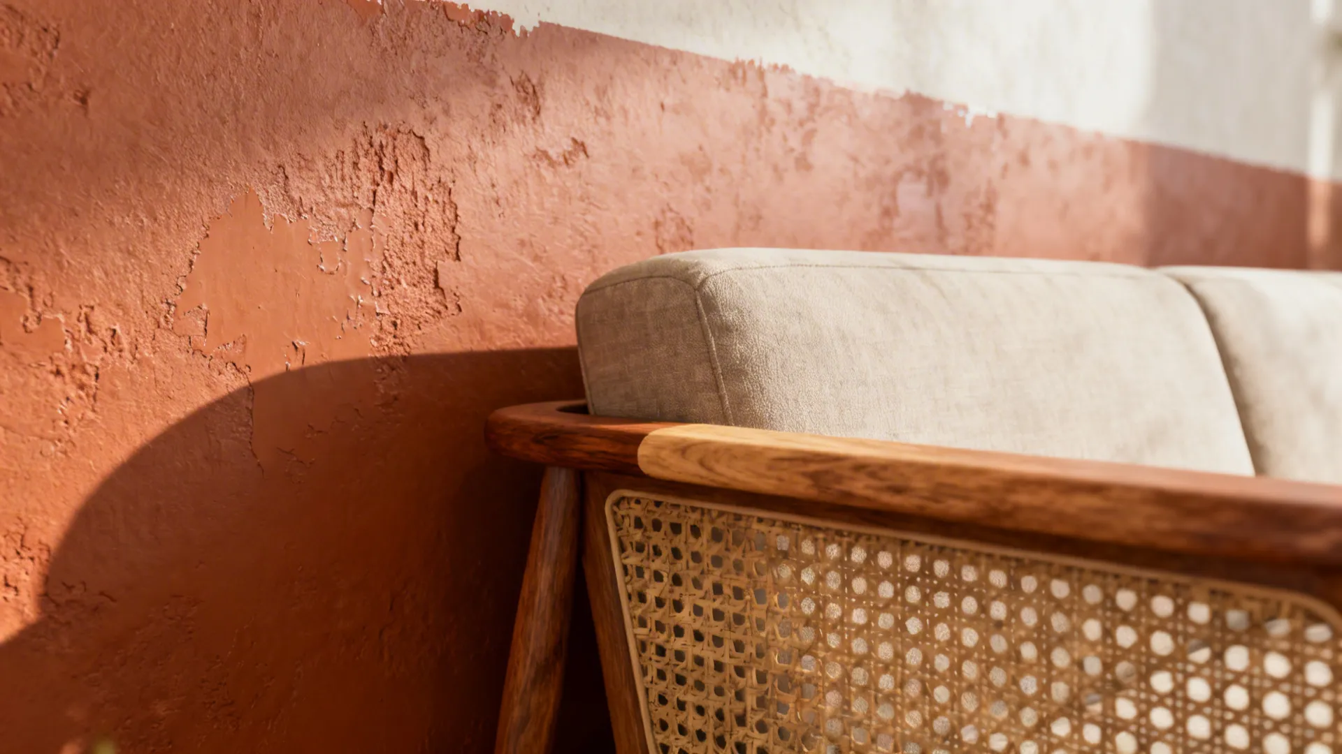 Close-up of terracotta accent wall texture with mid-century wood and rattan details.