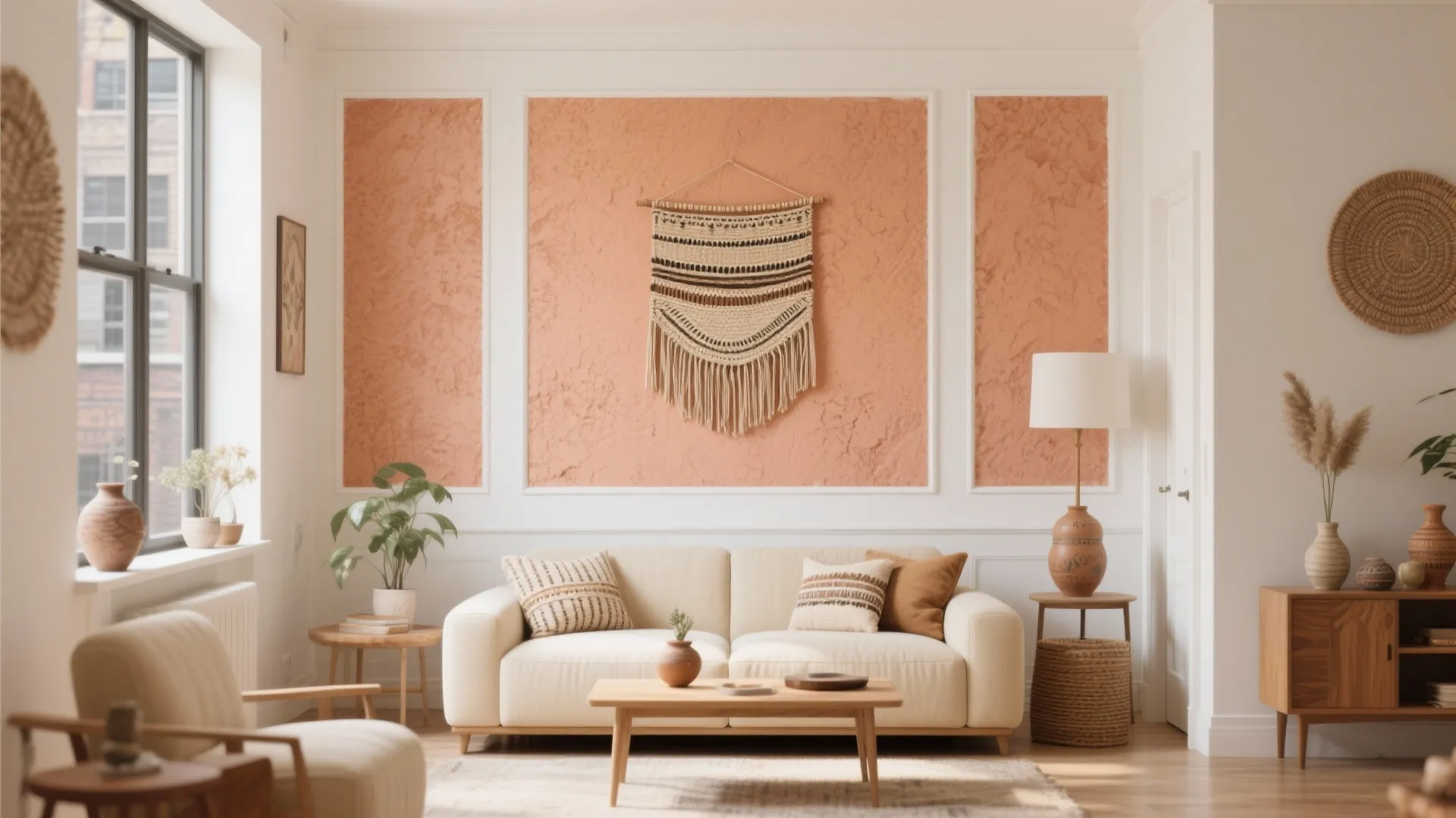 Bohemian living room featuring cream sofa with terracotta wall panels and woven wall hanging decor