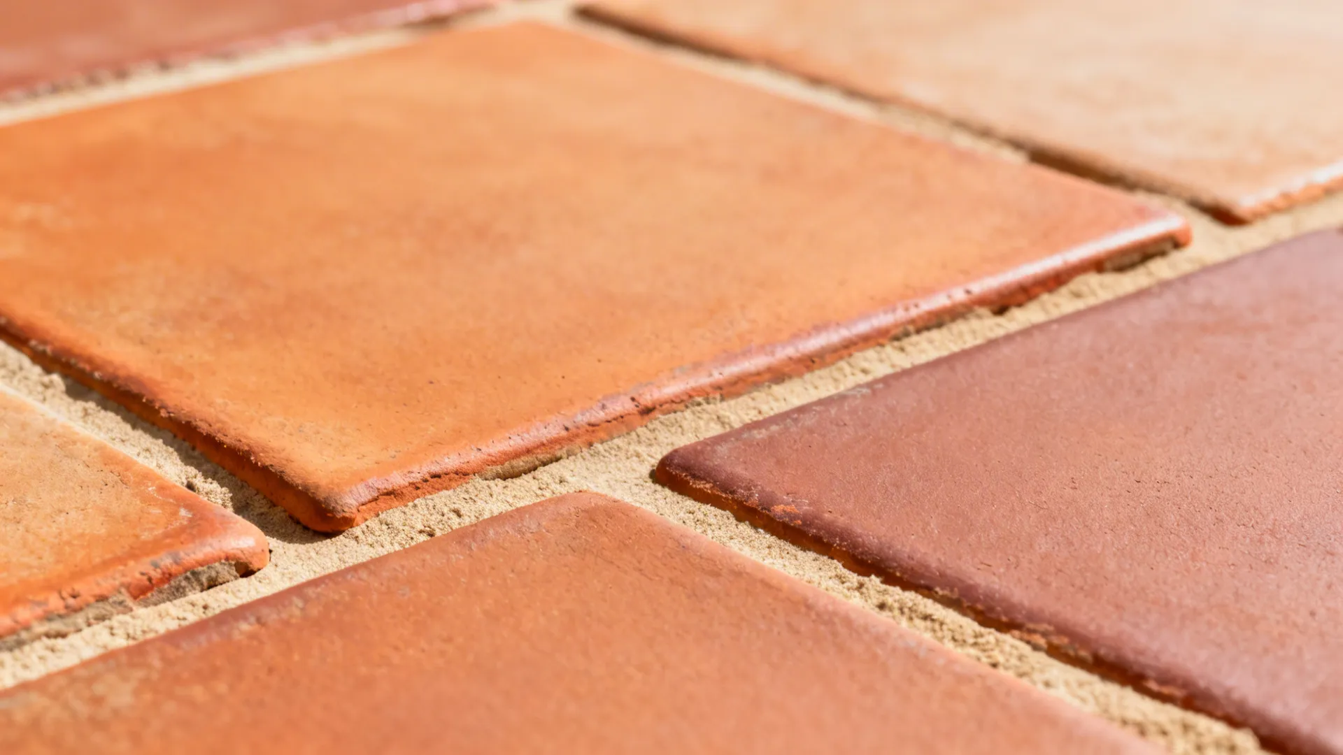 Macro of terracotta-look porcelain tiles with subtle tonal variation and warm grout.