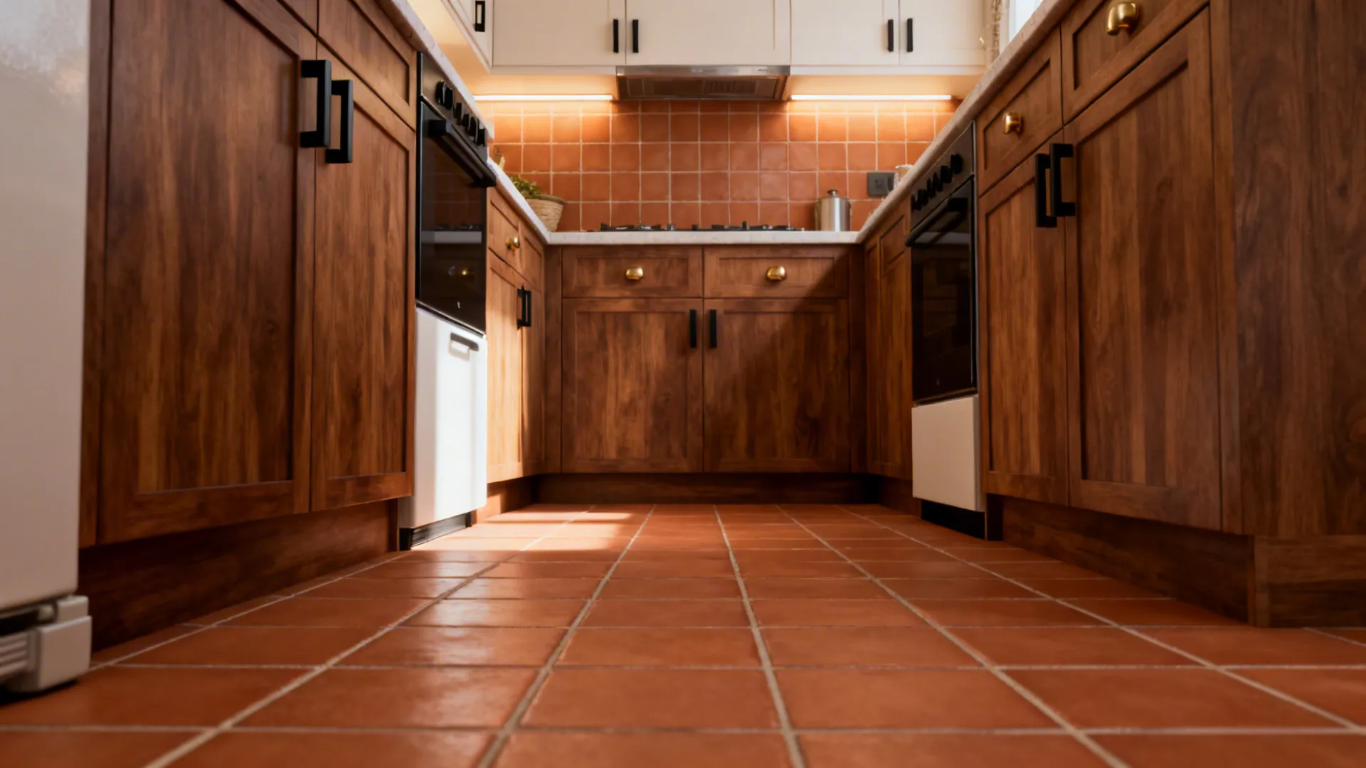 Small kitchen with terracotta-tone porcelain tiles and warm wood cabinetry