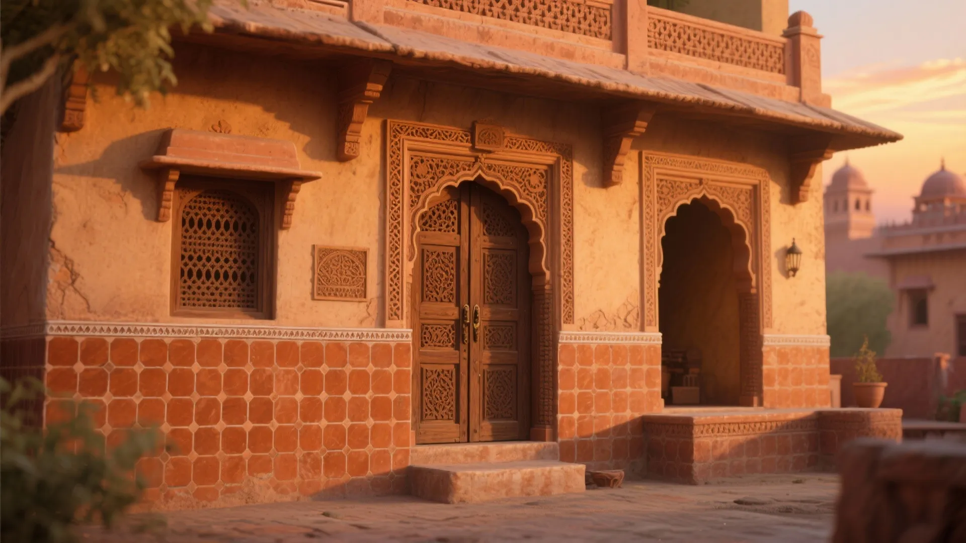 Traditional orange stone building with carved wooden door, arched openings, and warm sunset light scene