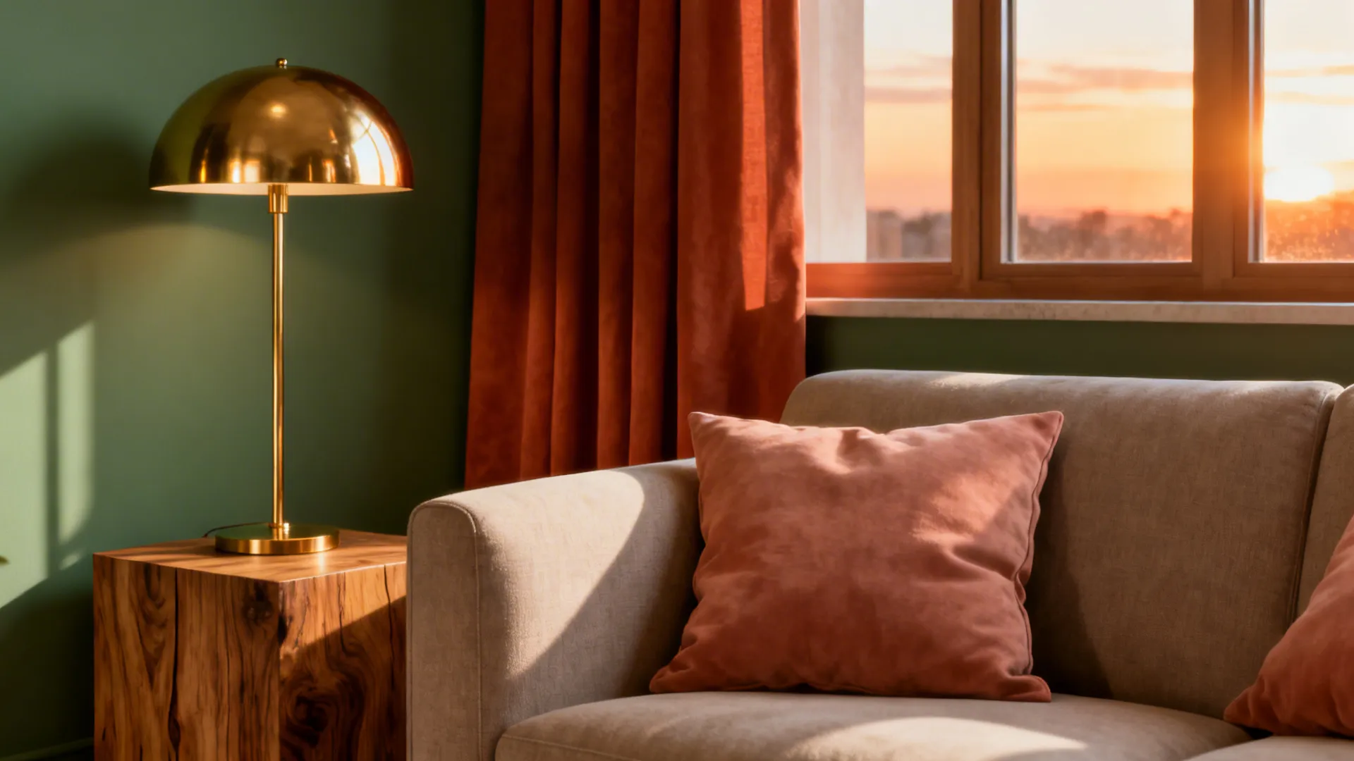 Cozy living room corner with gold table lamp orange curtains grey sofa and sunset window view