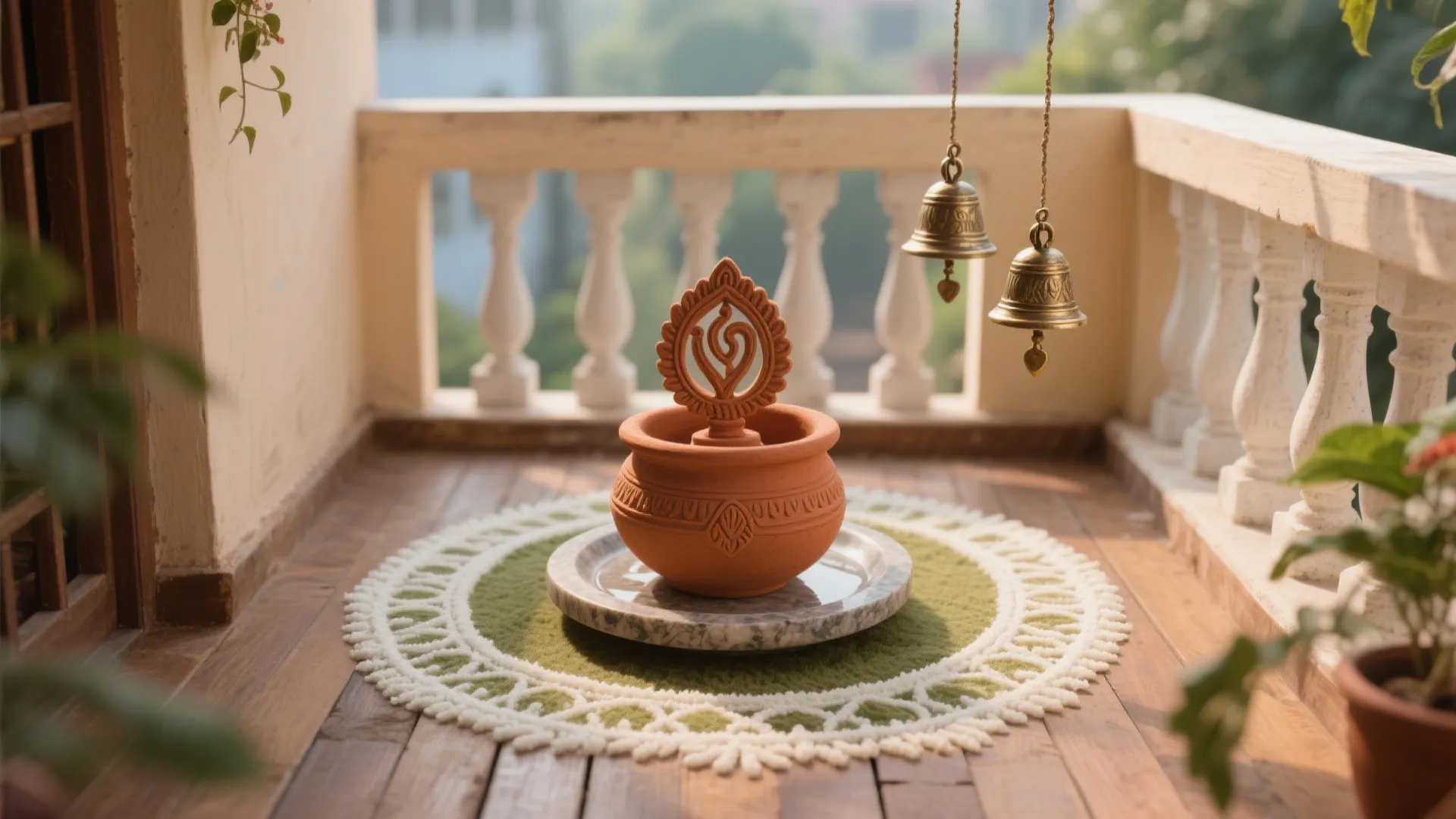 Terracotta Vrindavan with rangoli and kansa bells
