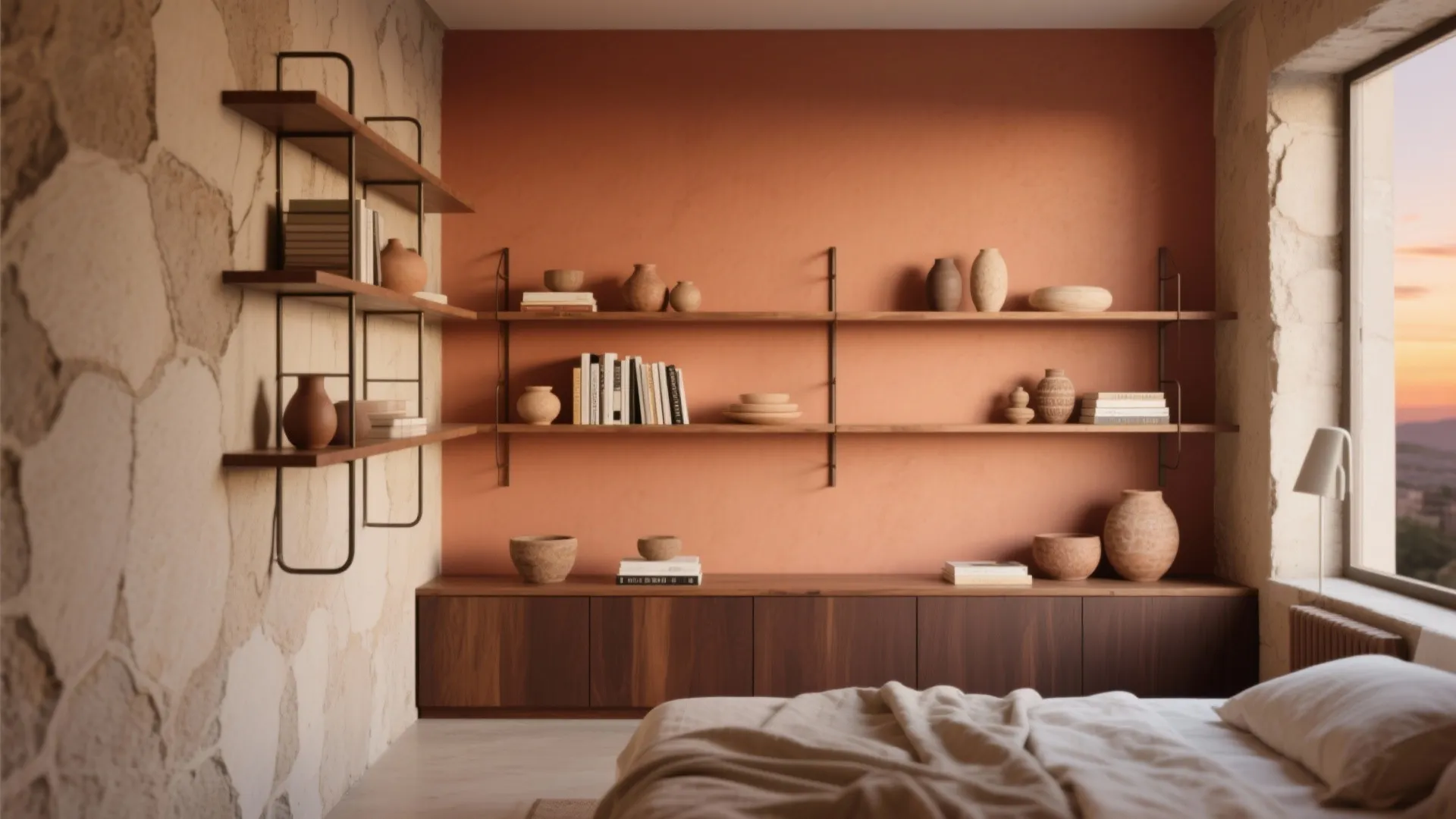 Modern bedroom with orange wall, wooden shelves for books, stone wall, bed, and large window