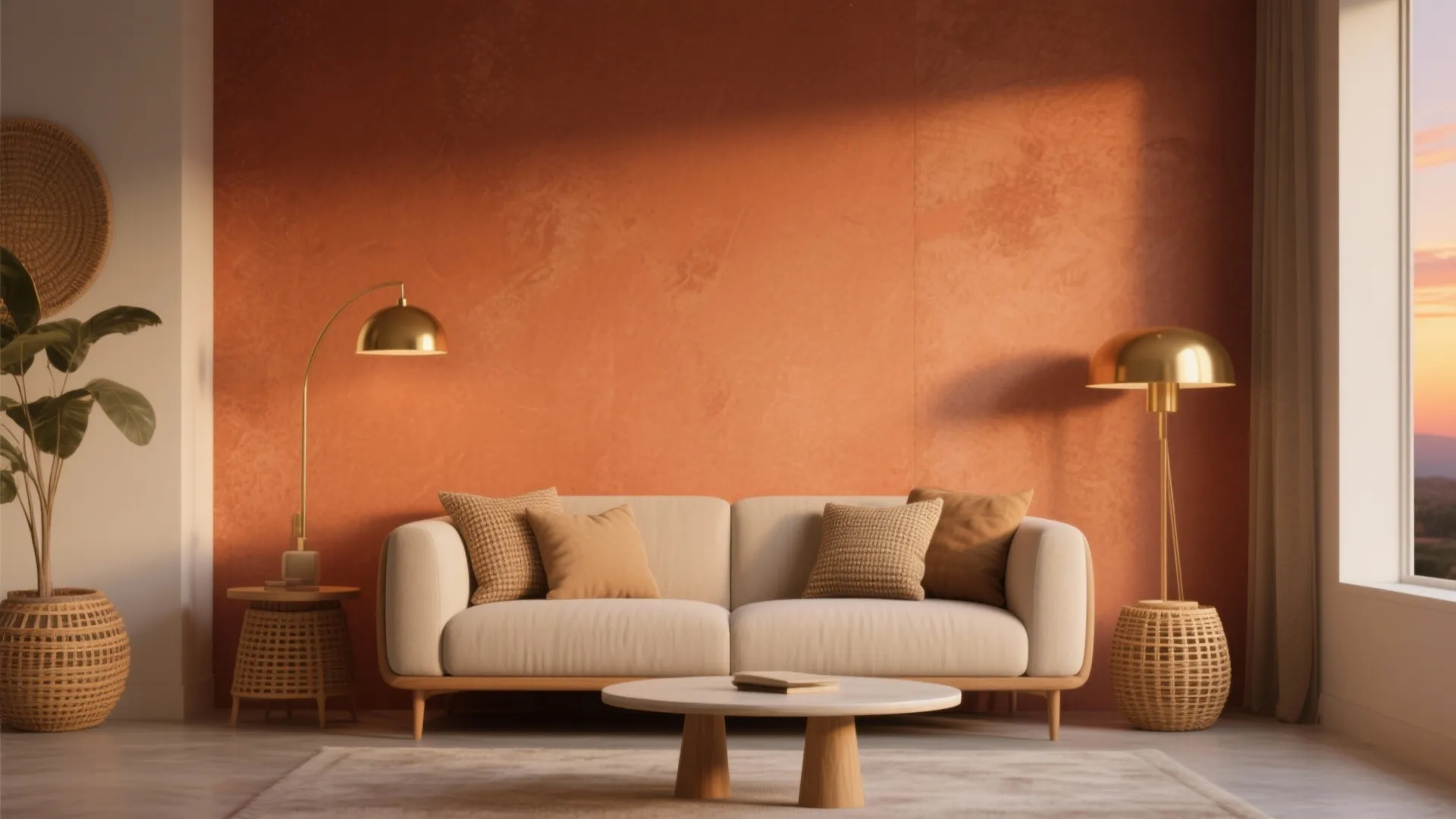 Living room with a terracotta accent wall, neutral sofa, brass lamp and rattan accents under warm sunset light.