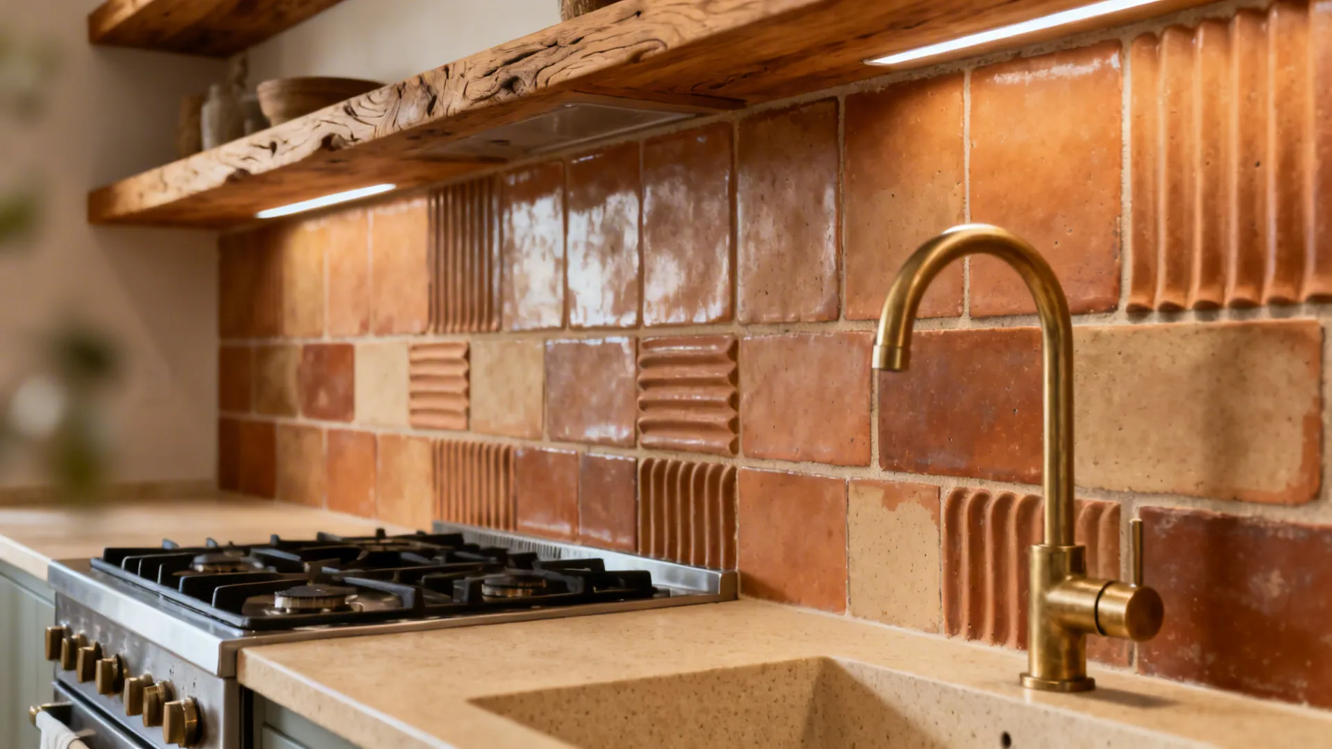 Feature wall of dimensional terracotta tiles with warm wood and brass accents.