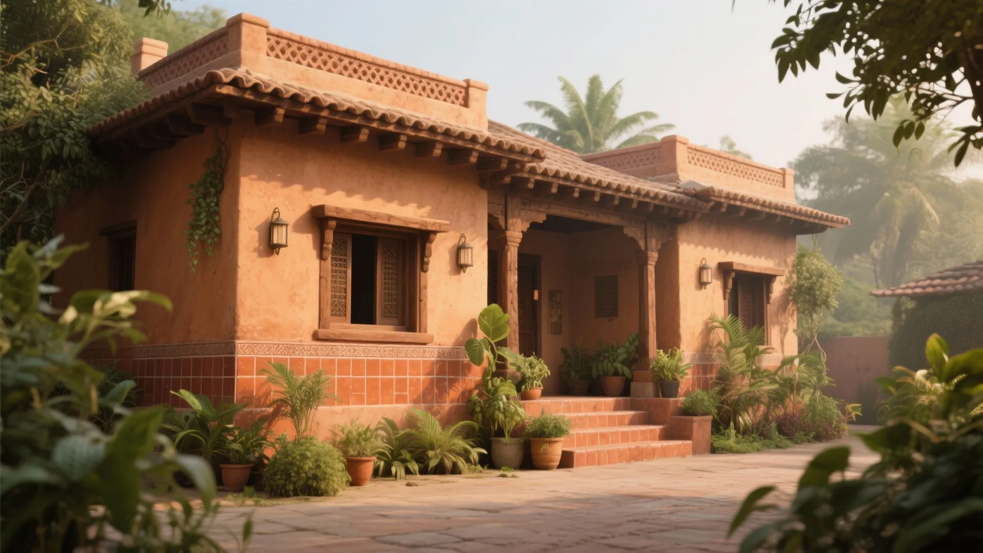 Traditional orange terracotta house with green plants wooden pillars tiled roof and a paved courtyard