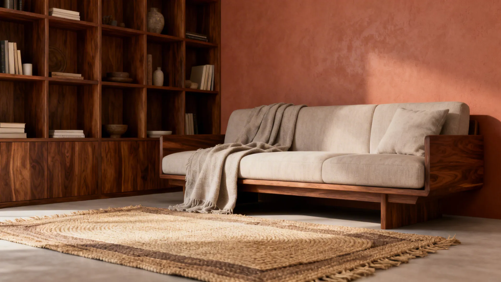 Small living room with terracotta wall and walnut shelving, layered rug defining seating area