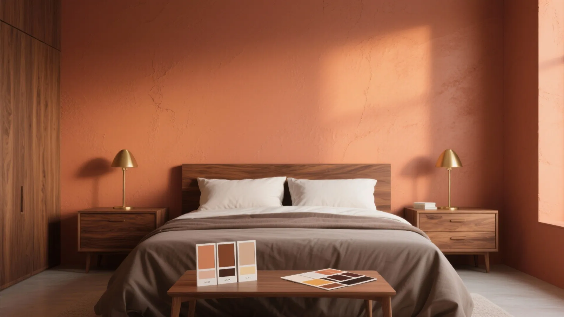 1. Terracotta Accent Wall with Walnut Furniture