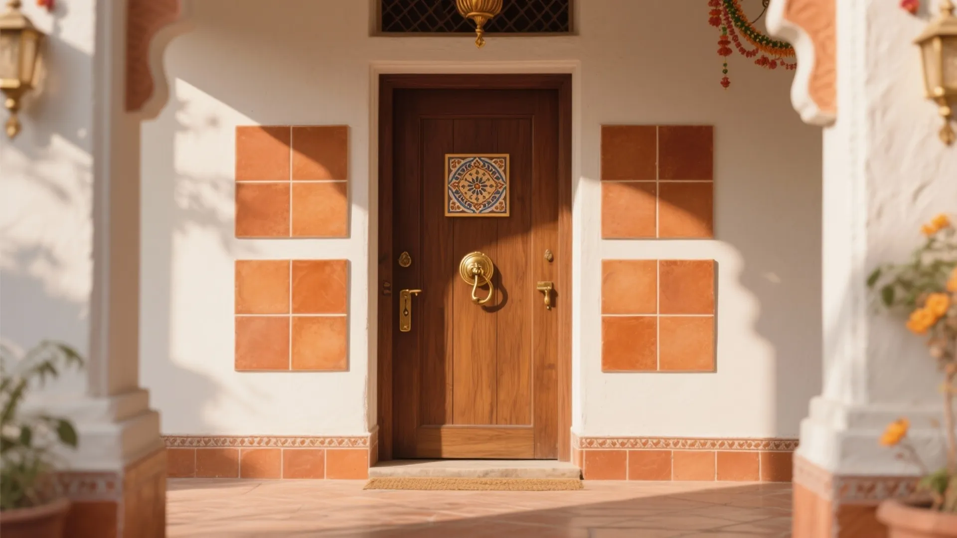 Wooden door featuring decorative center tile and square orange wall tiles under warm bright light
