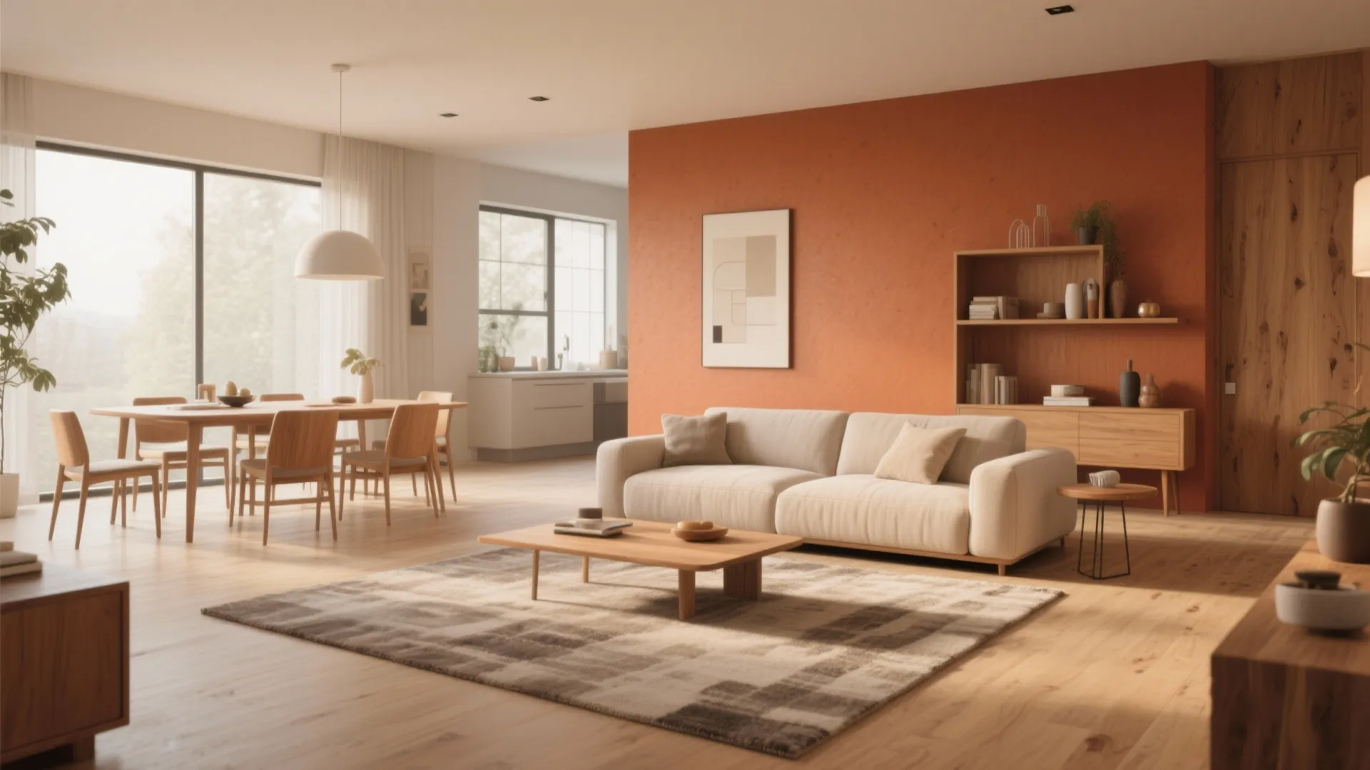 Terracotta walls with neutral rug and light sofa