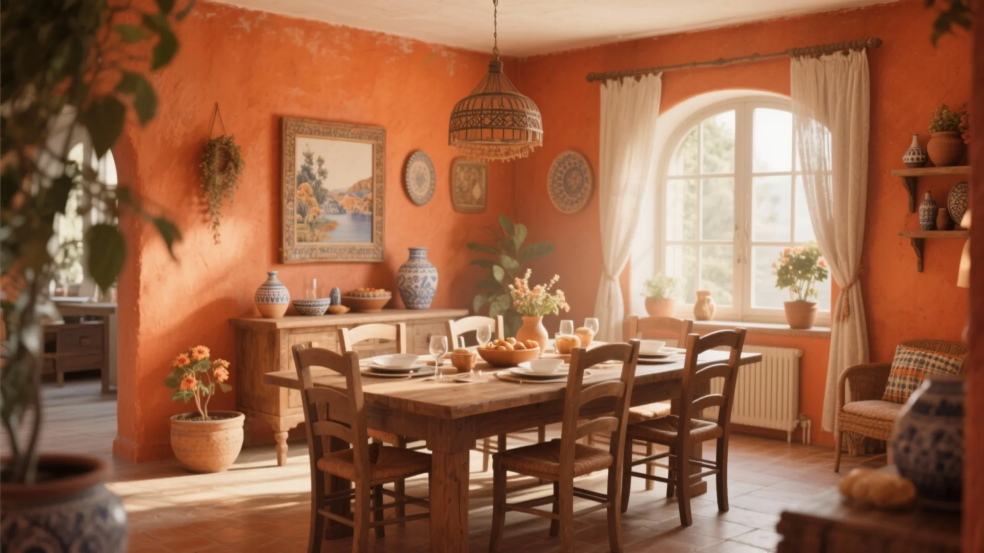 Warm dining room with orange walls, rustic wooden table, arched window, white curtains, and Mediterranean decor