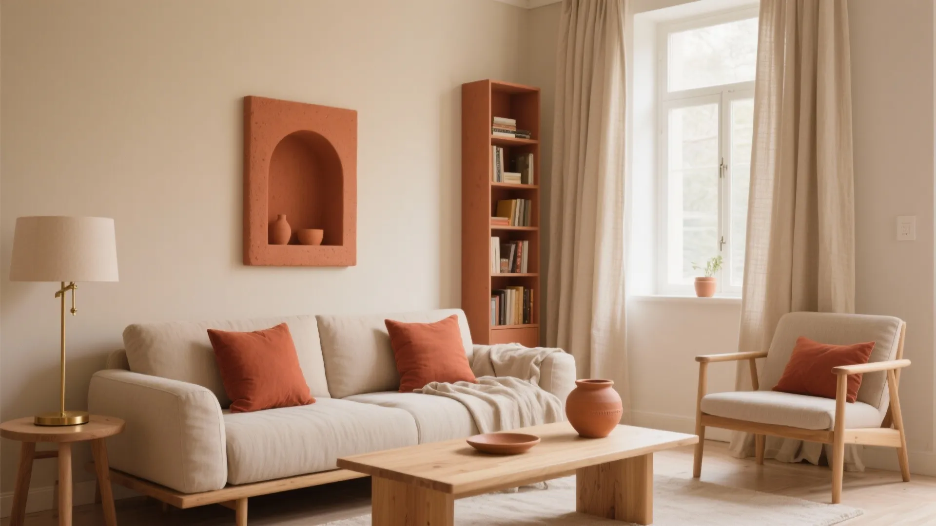 Warm living room with cream sofa terracotta pillows wooden coffee table bookshelf and beige window curtains