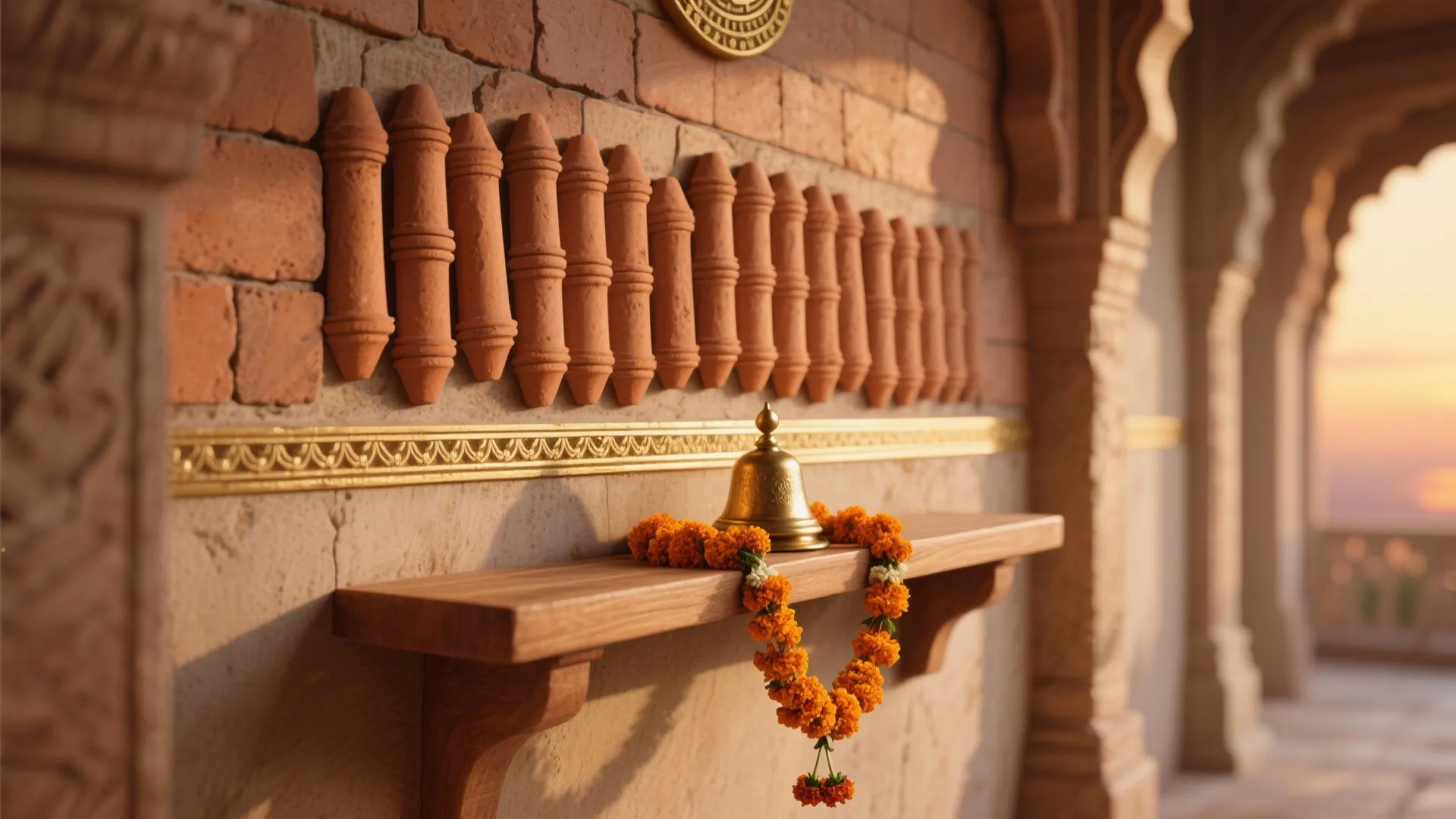 Textured terracotta flutes behind a floating shelf create warm, temple-like shadows.