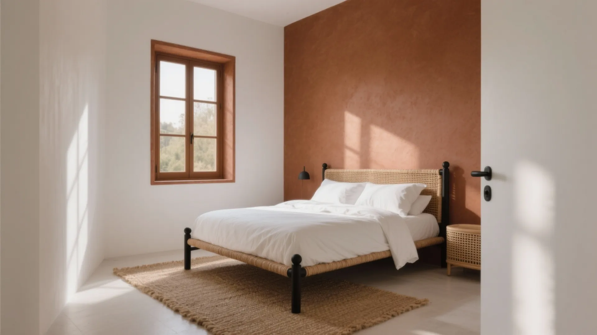 Modern bedroom with terracotta accent wall white bedding wood window frame and woven rug decor