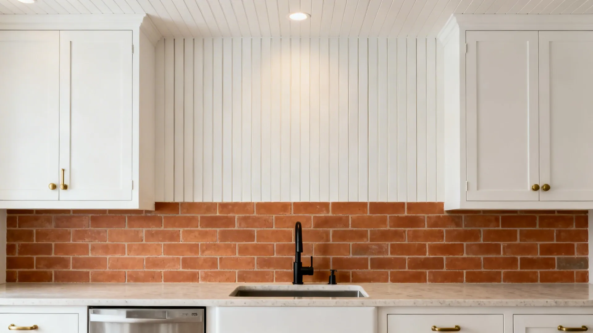 White cabinets with vertical terracotta brick backsplash creating warmth and height.