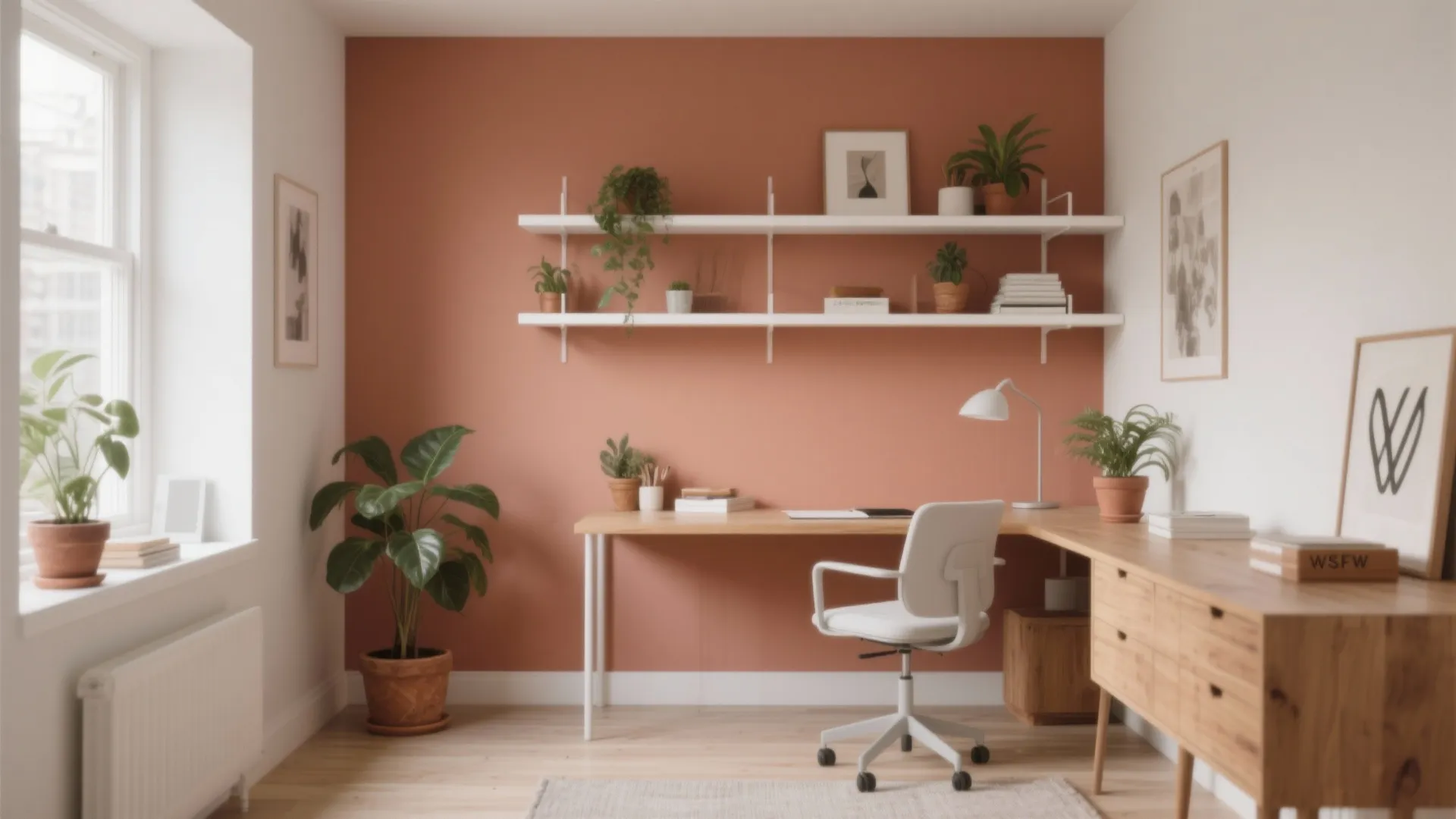 Modern study room with terracotta wall, wooden desk, white office chair, and green indoor plants