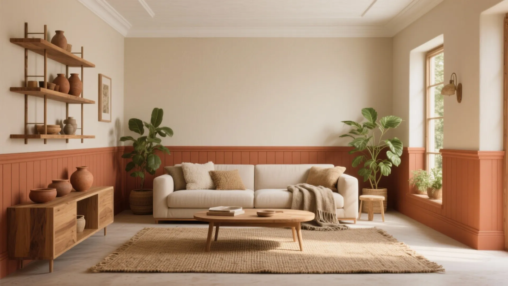 Modern living room with orange wall panel white sofa wood table jute rug and plants