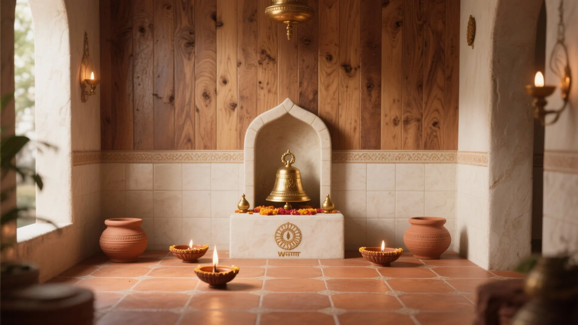 Traditional prayer room featuring wood wall paneling red floor tiles and a golden hanging bell