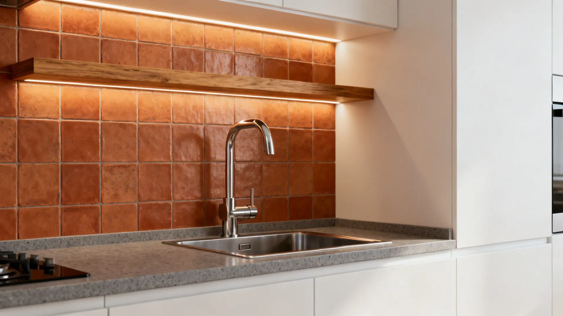 Warm terracotta backsplash paired with oak shelves and soft warm lighting in a modern small kitchen.