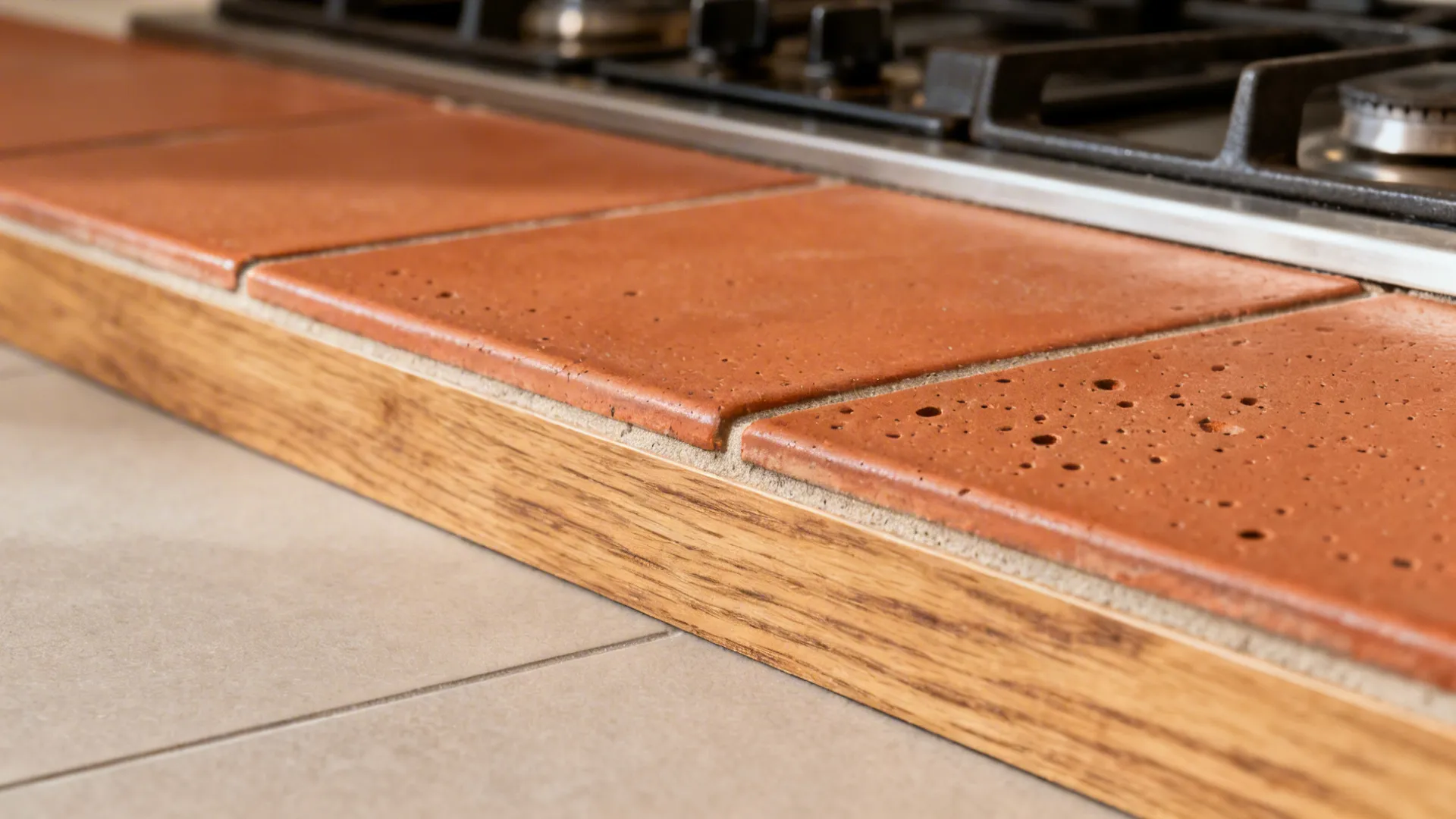 Macro of terracotta runner meeting matte porcelain with wood-look skirting accent.