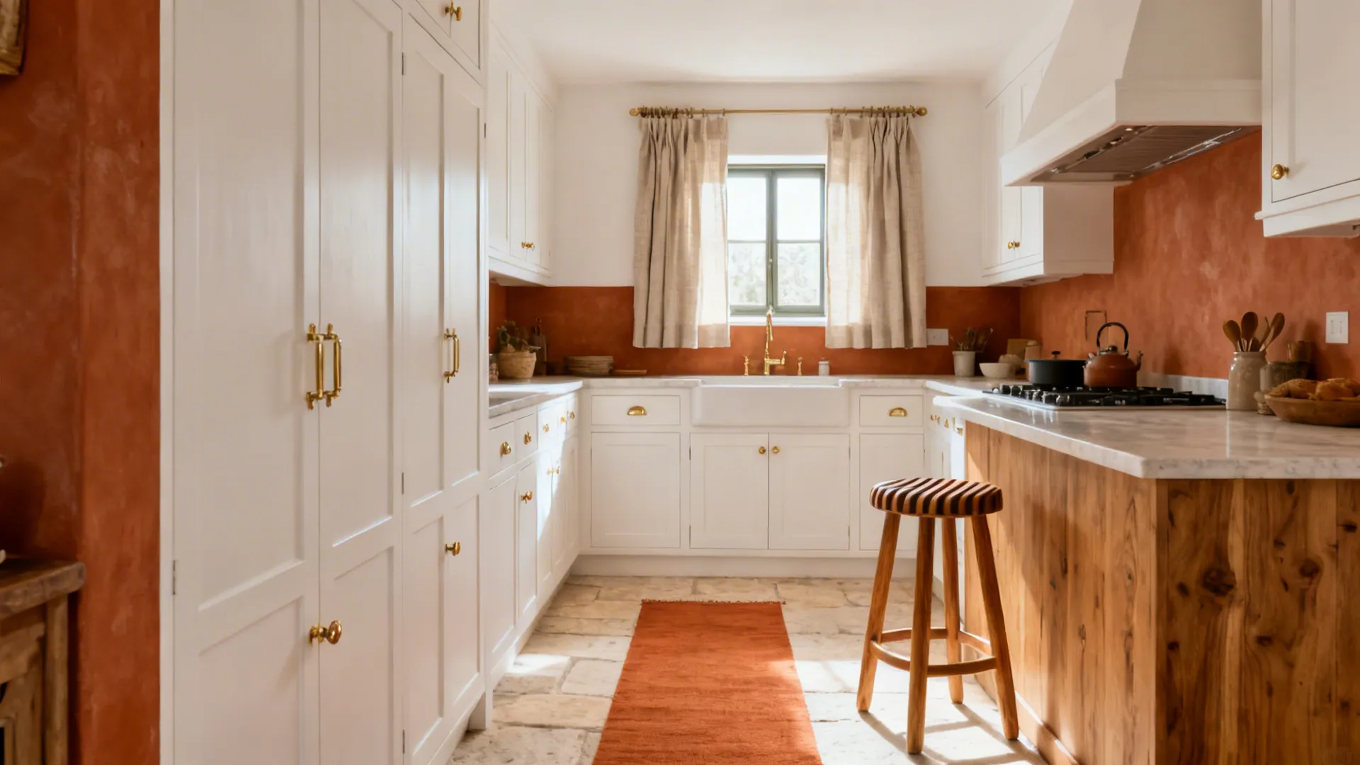 Italian white kitchen warmed by a terracotta runner, oak stool, and linen cafe curtains.