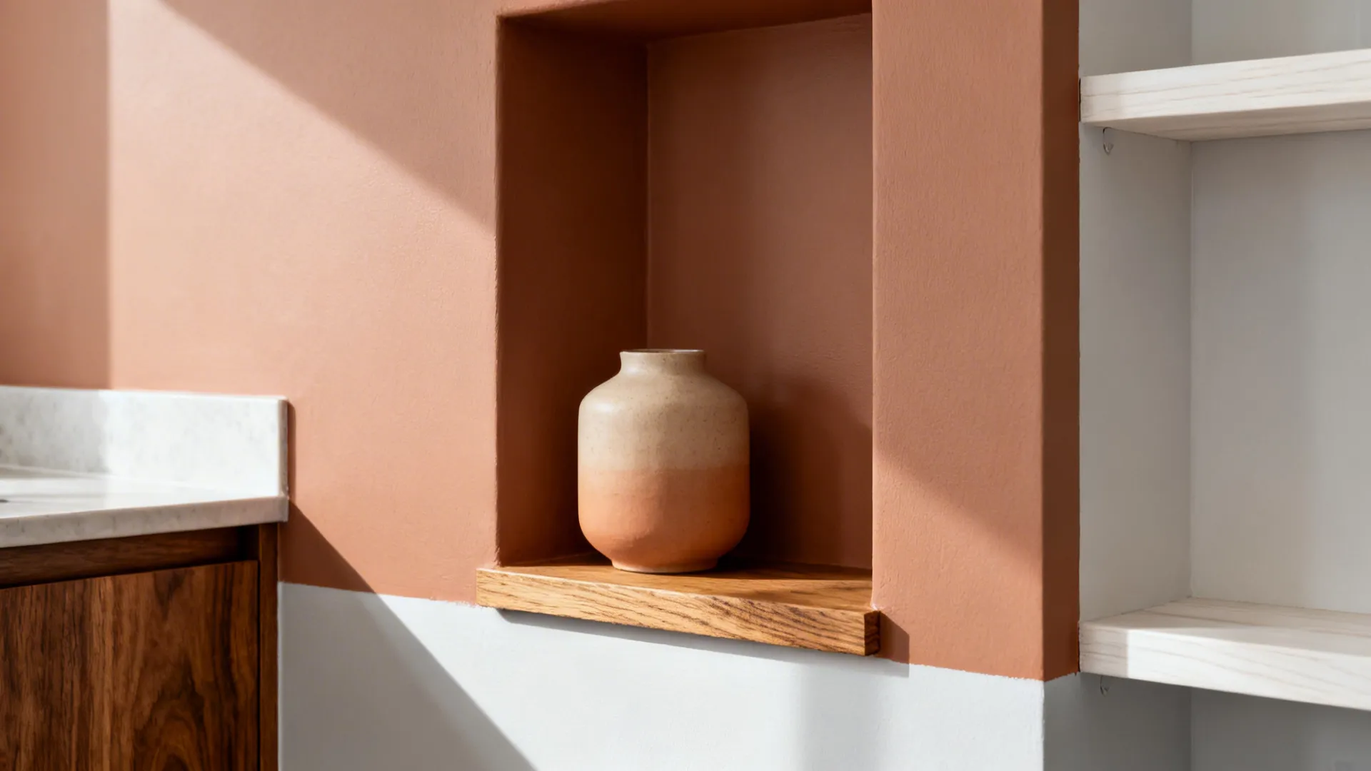 Macro detail of terra-cotta niche with white oak shelf showing warm, natural textures.