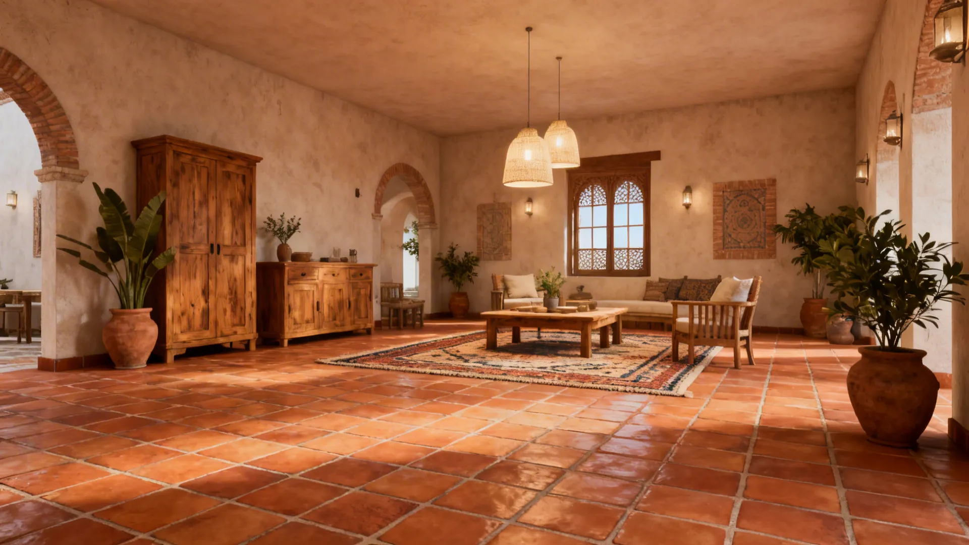 Large room with red tile floor wooden cabinet wooden furniture area rug and hanging lights