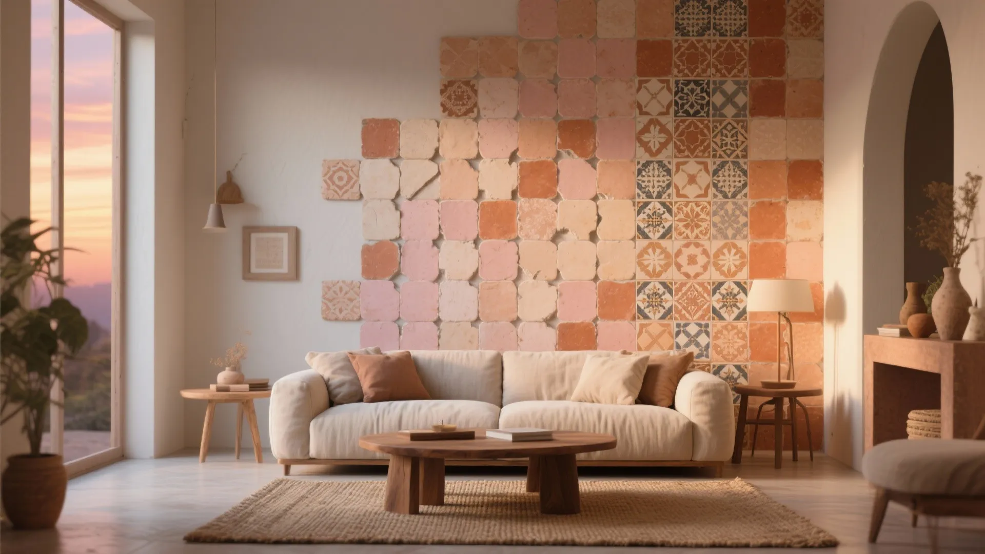 Modern living room with white sofa wooden coffee table and decorative colorful clay wall tiles
