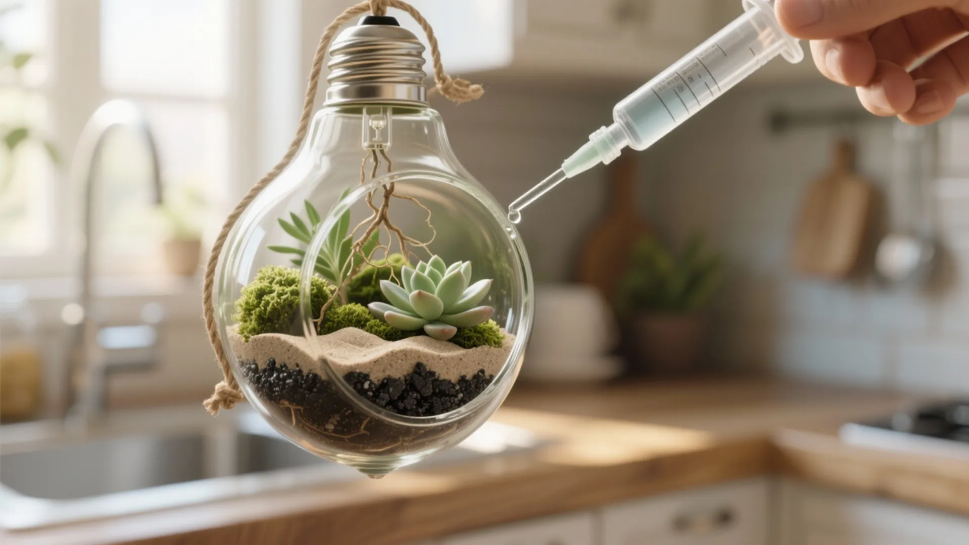Hand using a syringe to water small green plants inside a hanging glass light bulb