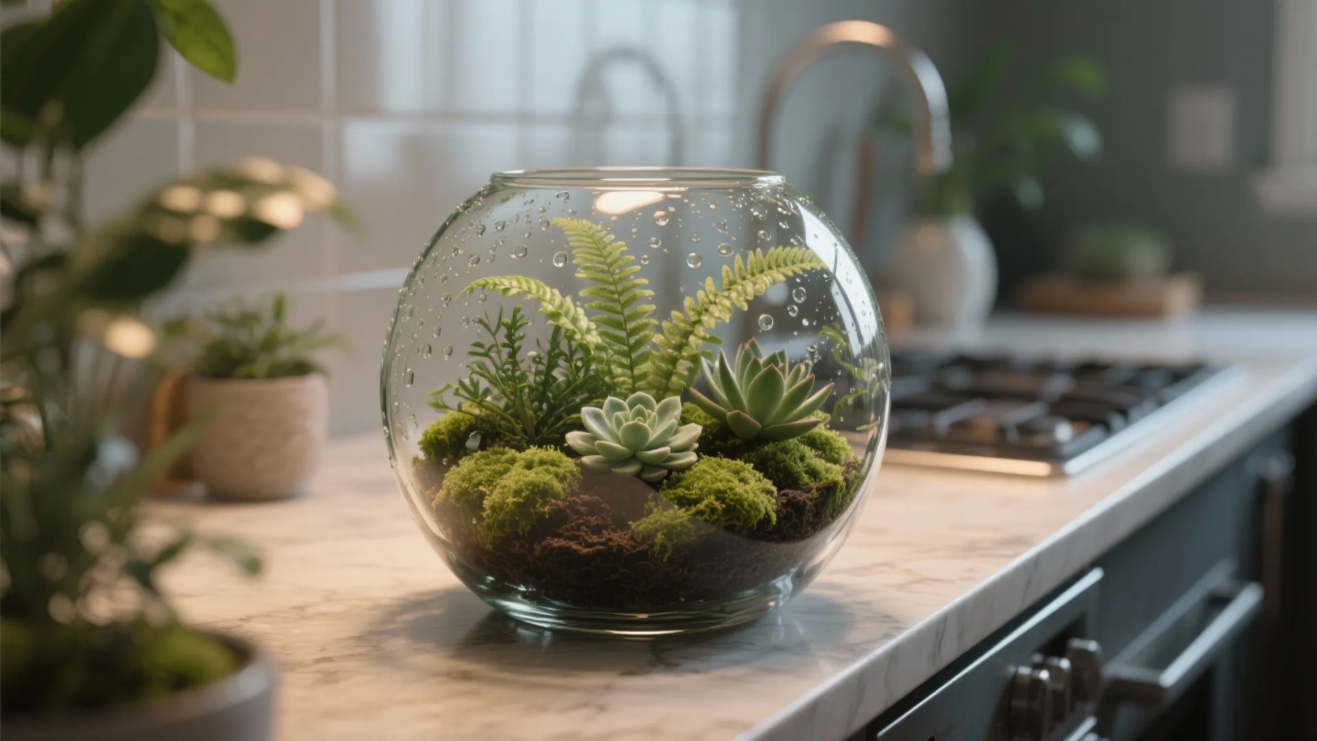 Round glass bowl with small green plants and moss on a marble kitchen counter top
