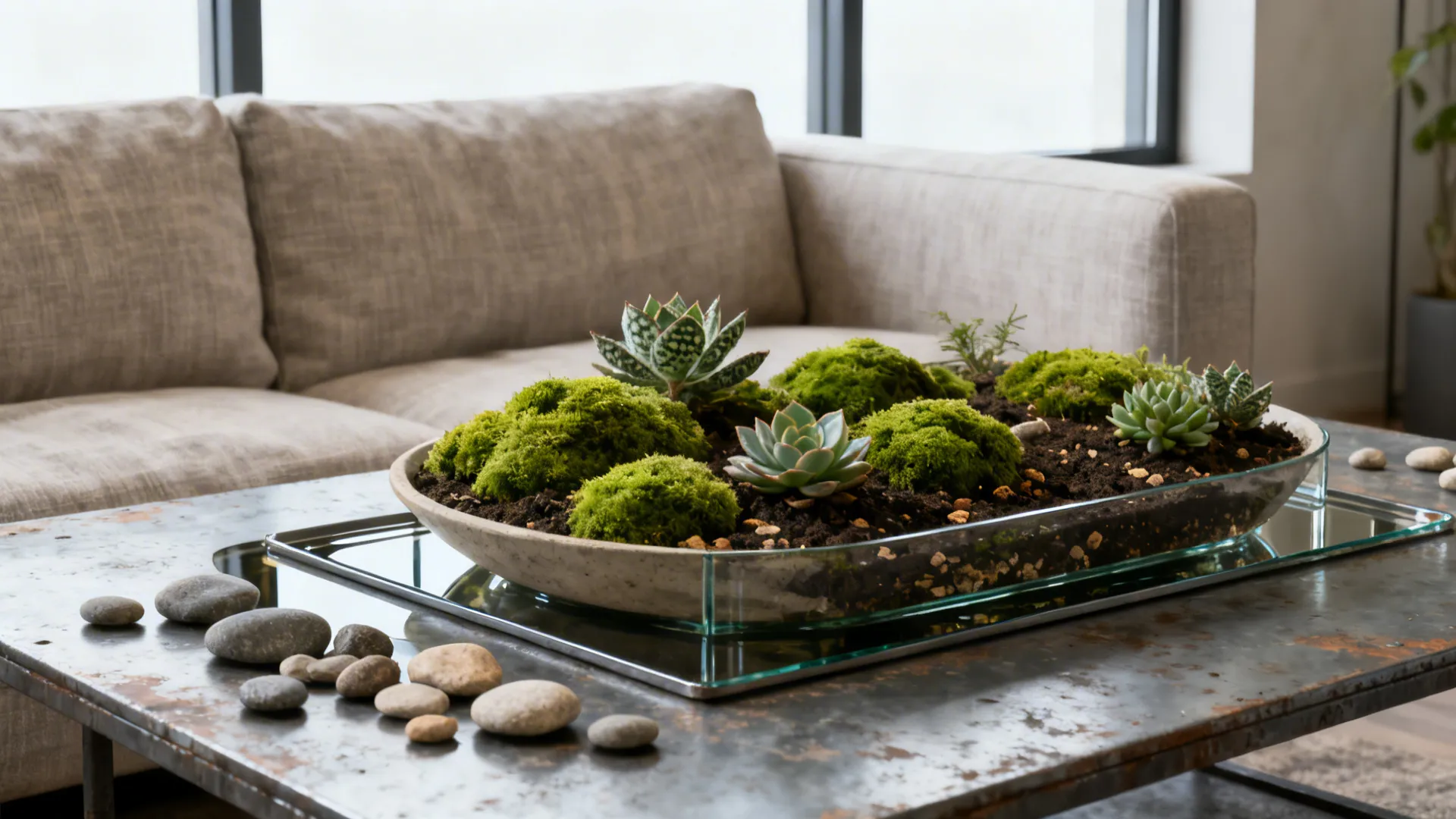 Shallow glass terrarium with moss and succulents on a coffee table with a saucer beneath.