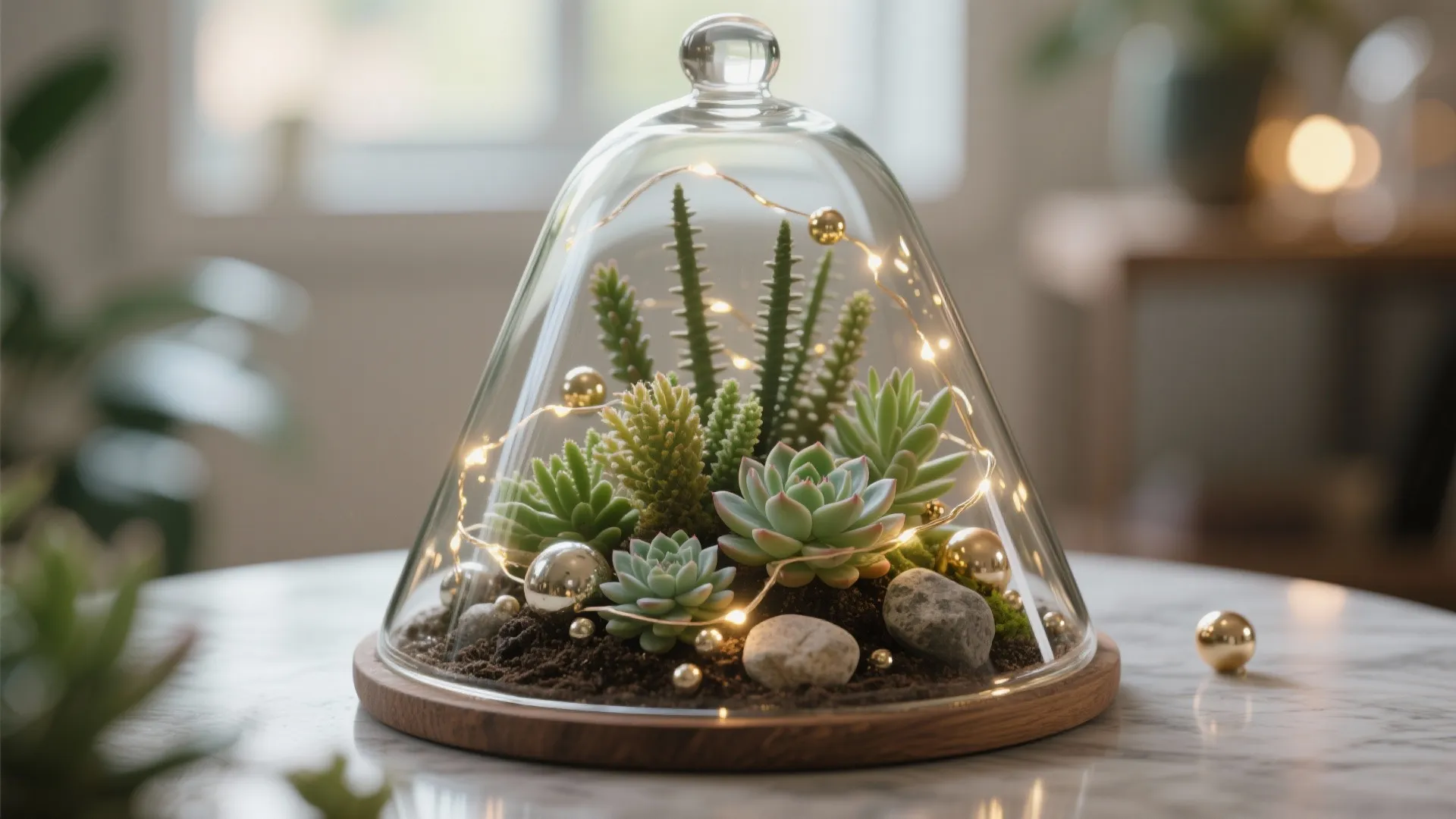 Glass dome terrarium with green succulents small fairy lights and decorative gold balls on marble table