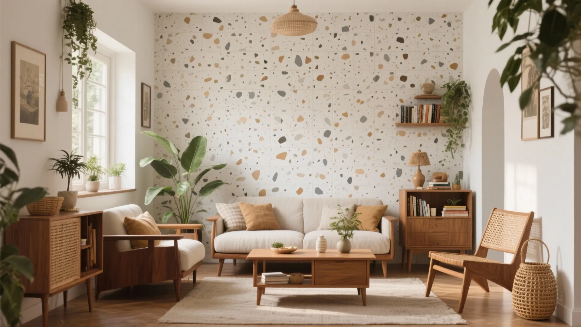 Terrazzo speckled tiles for a playful retro-modern vibe