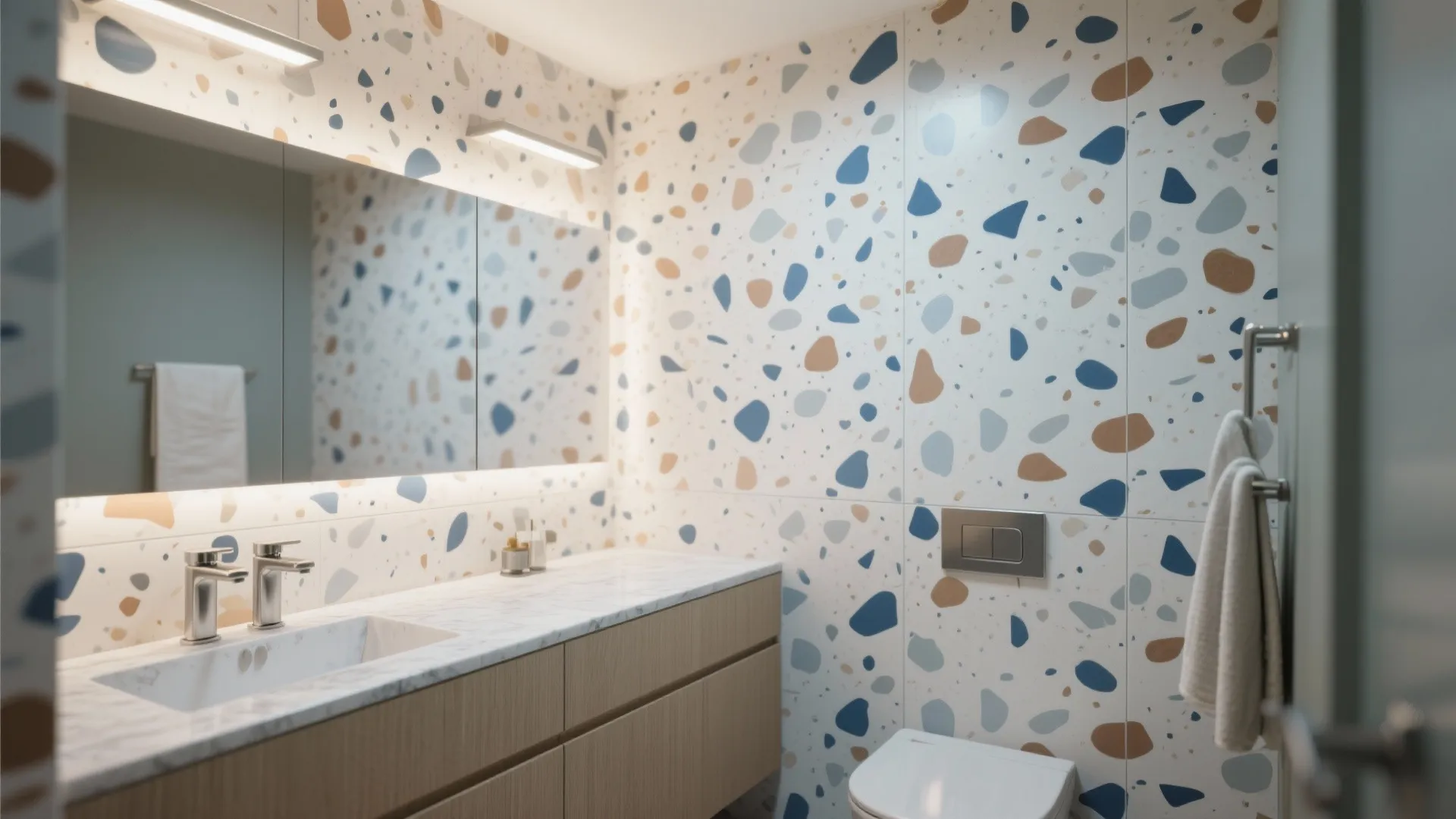 Vanity wall in terrazzo-look porcelain with a light base and mid-tone chips, airy small bathroom under bright ambient light.