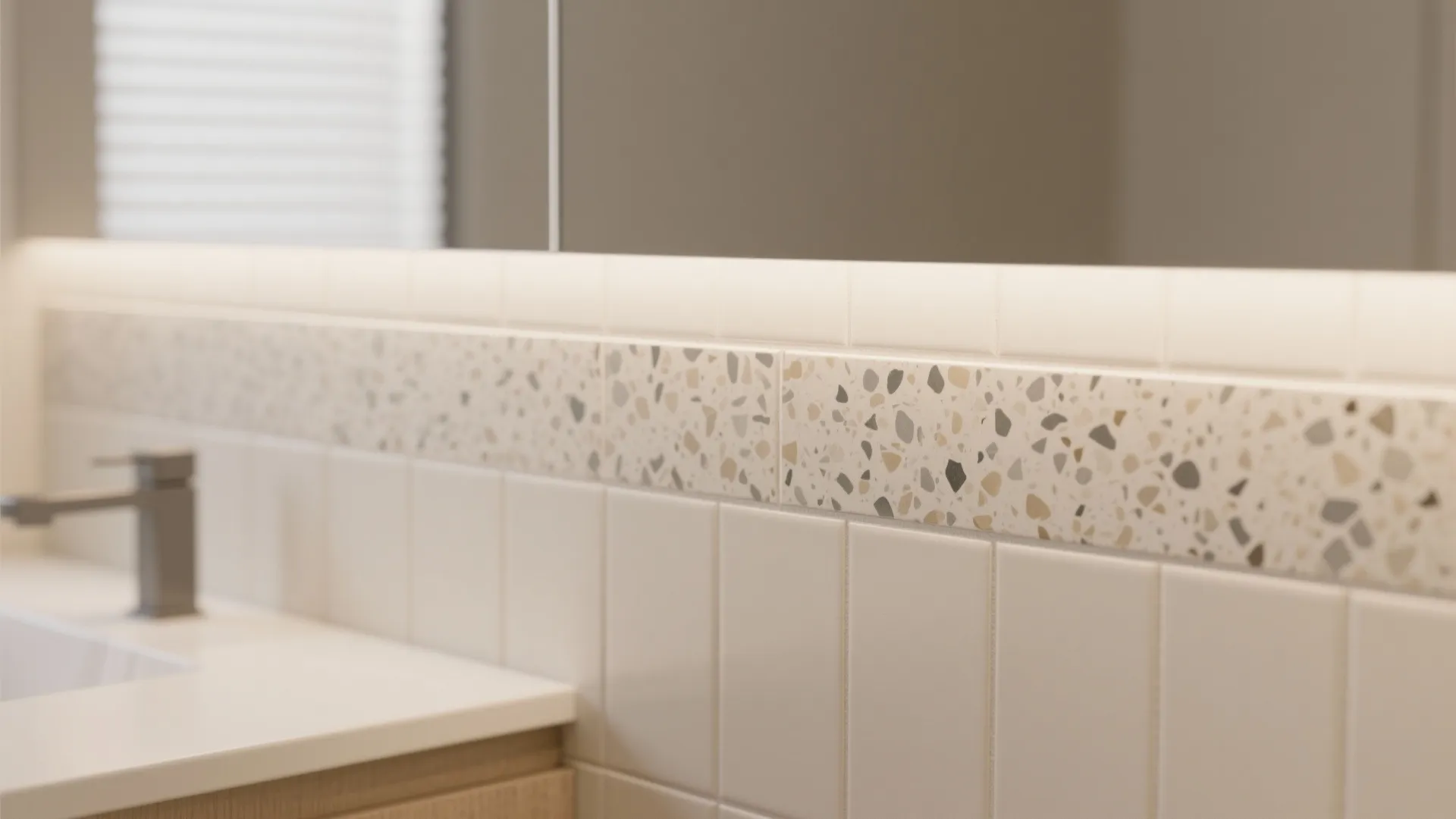 Macro of a slim terrazzo-look accent beside neutral field tile with matching grout, adding subtle character to the vanity wall.