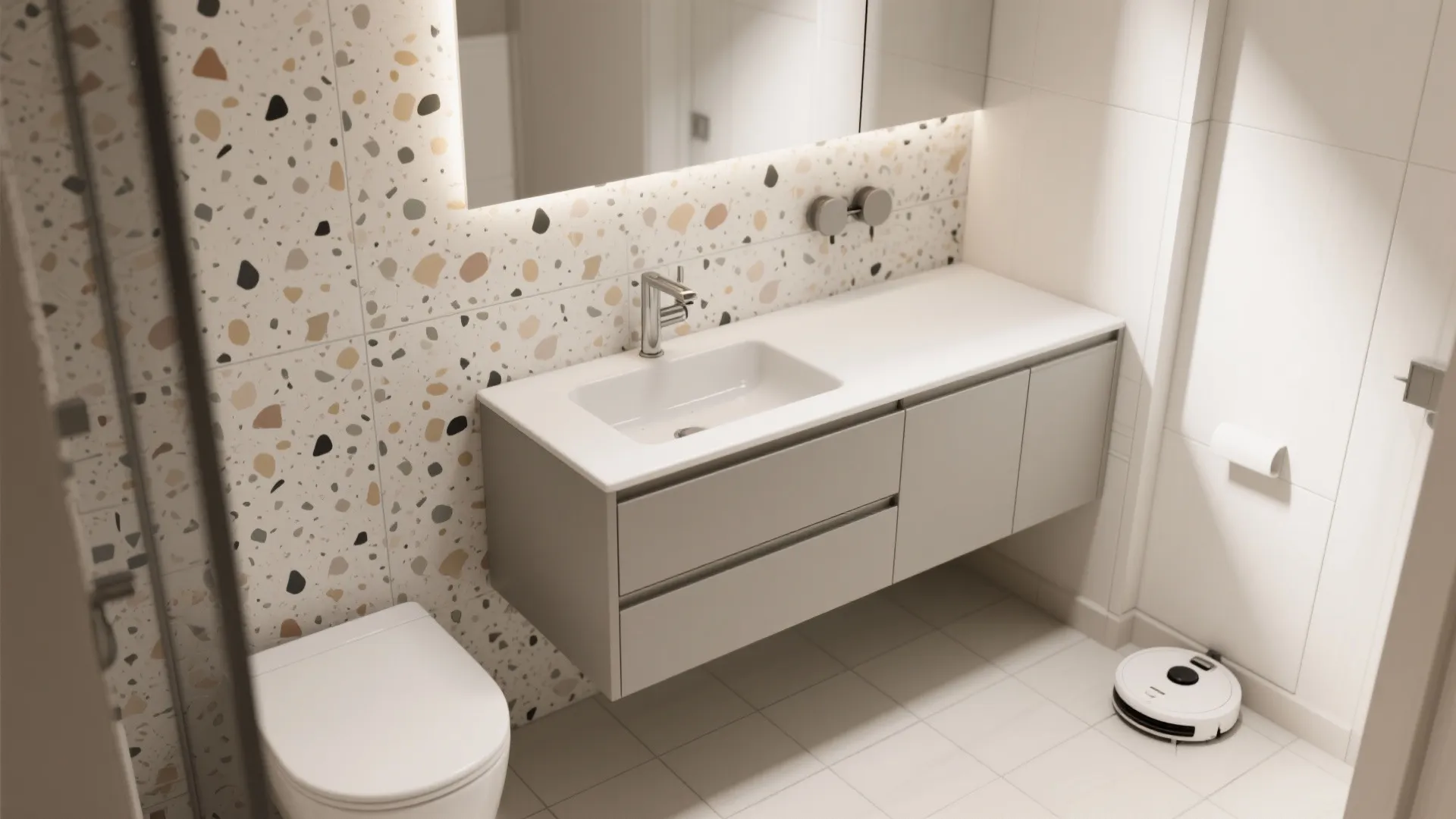 Terrazzo-look accents with minimalist fixtures