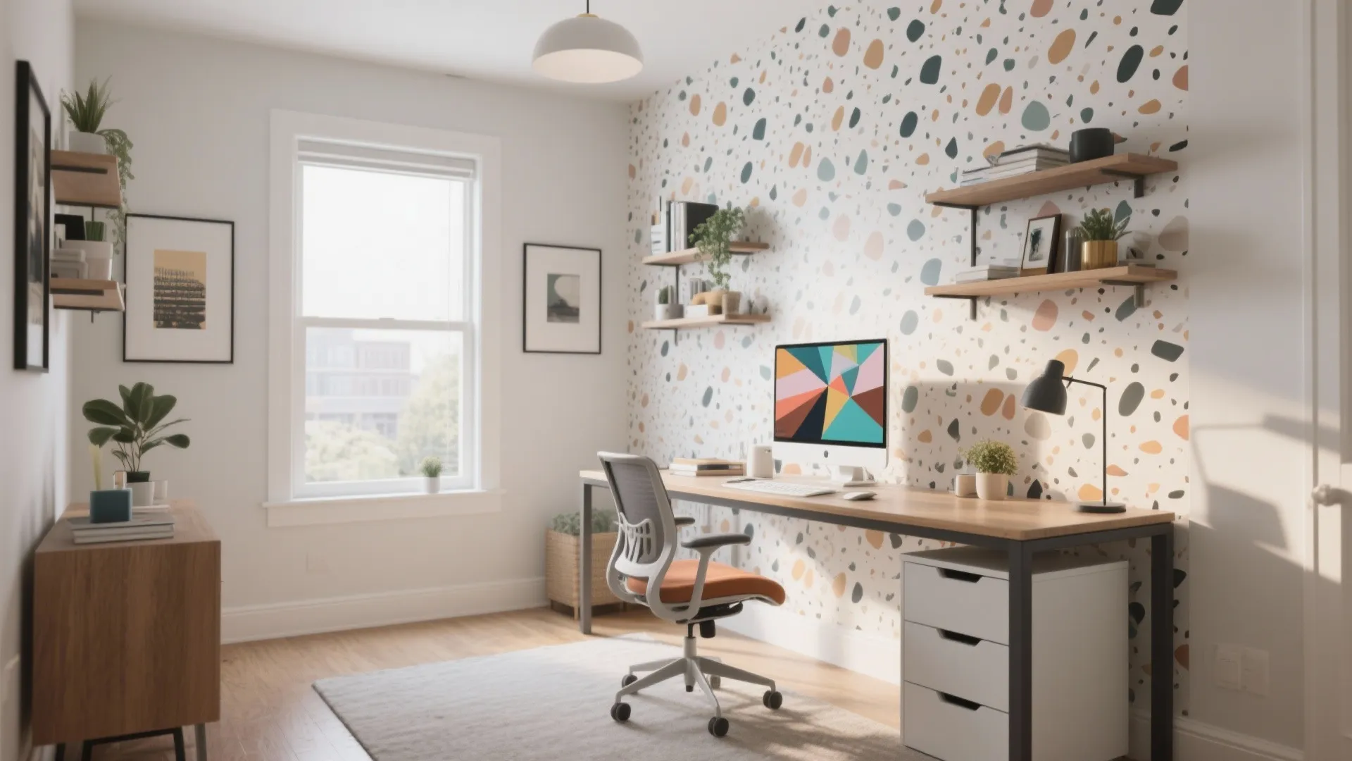 Home office with terrazzo peel-and-stick wall panels