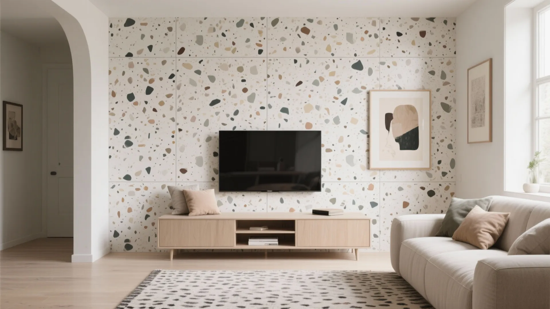 5) Terrazzo tile accent wall with color zoning