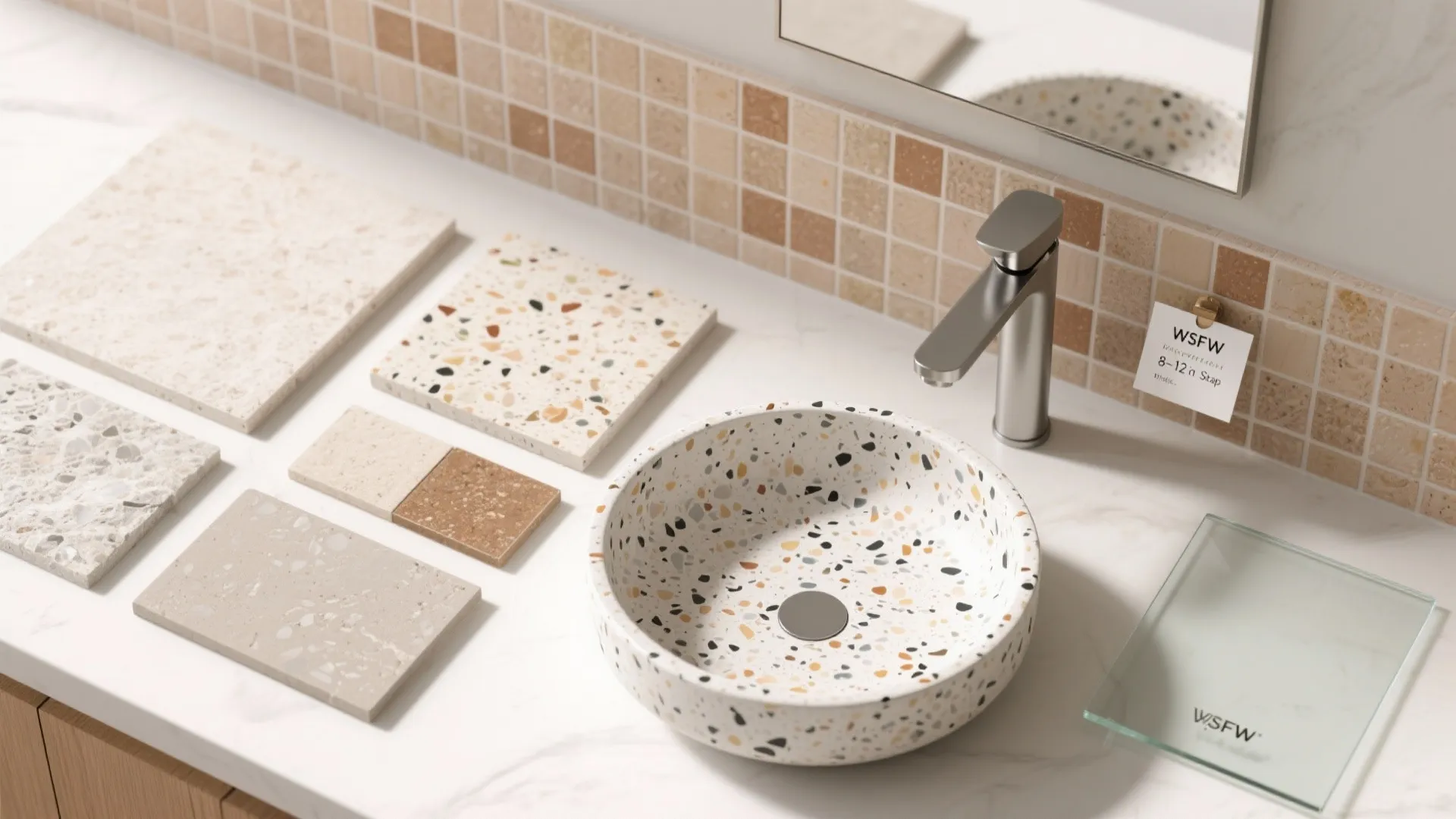 Textured terrazzo bowl with a compact splash-back
