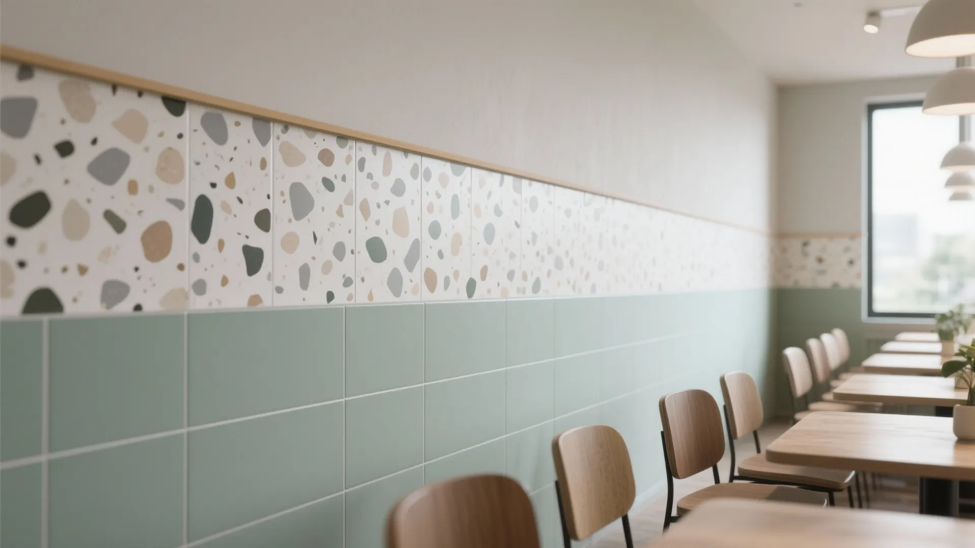 Restaurant with green wall tiles a speckled pattern band wooden chairs and wooden dining tables