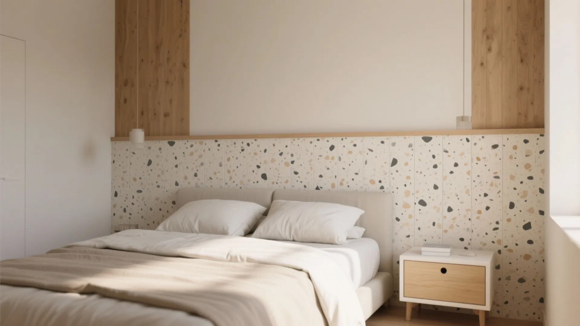 Modern bedroom with spotted wall panel wooden details white bed pillows cabinet and light fixture