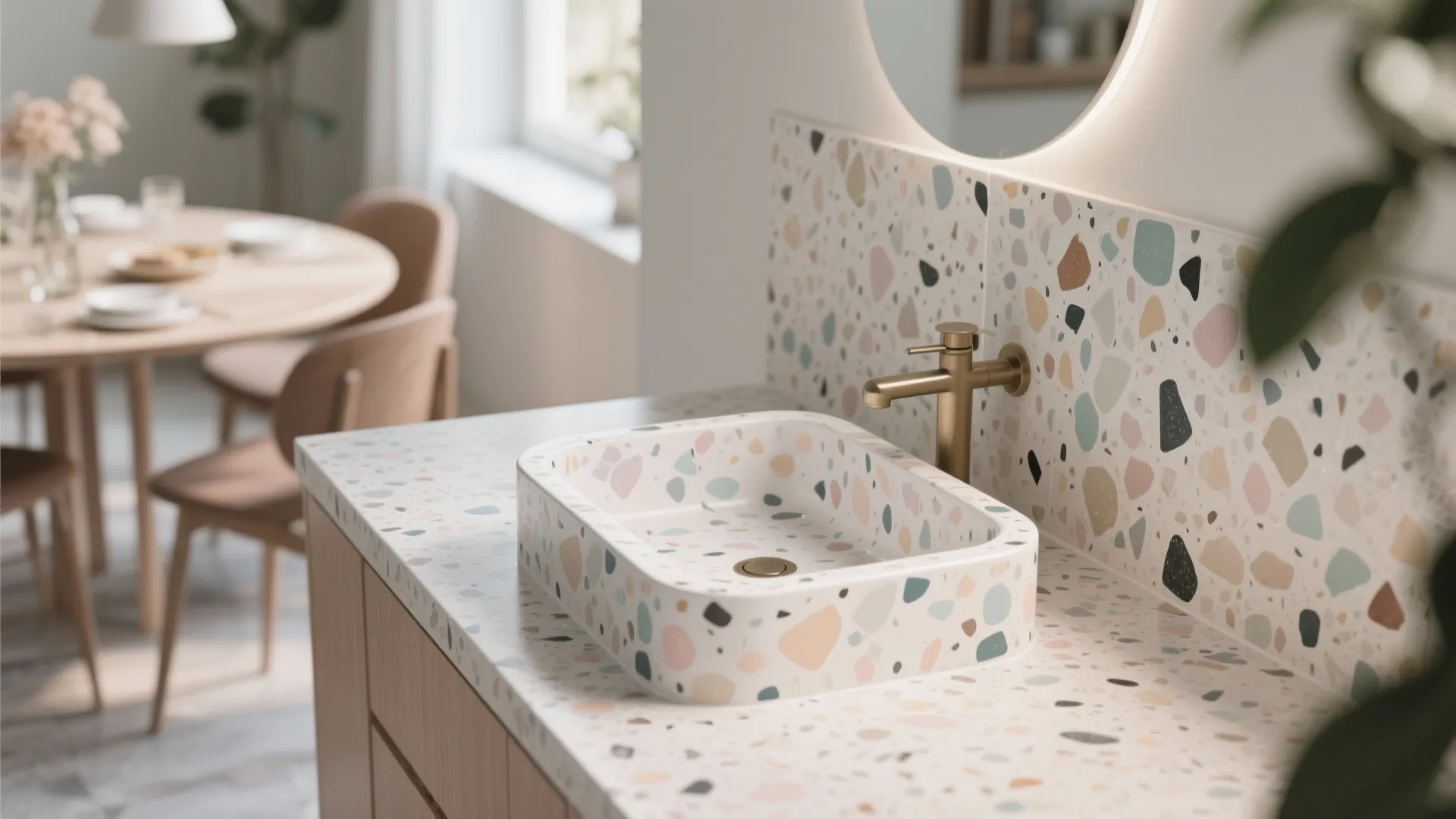 Speckled terrazzo tiles brighten a dining basin area